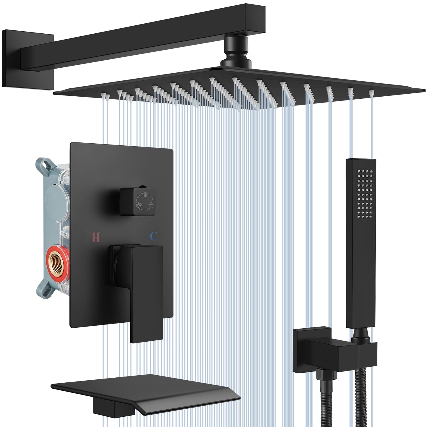 Midanya Rain Shower System Tub Shower Faucet Set 12 Inch Square Rainfall Shower Head with Handheld Sprayer and Waterfall Tub Spout Rough-in Valve Shower Mixer Combo
