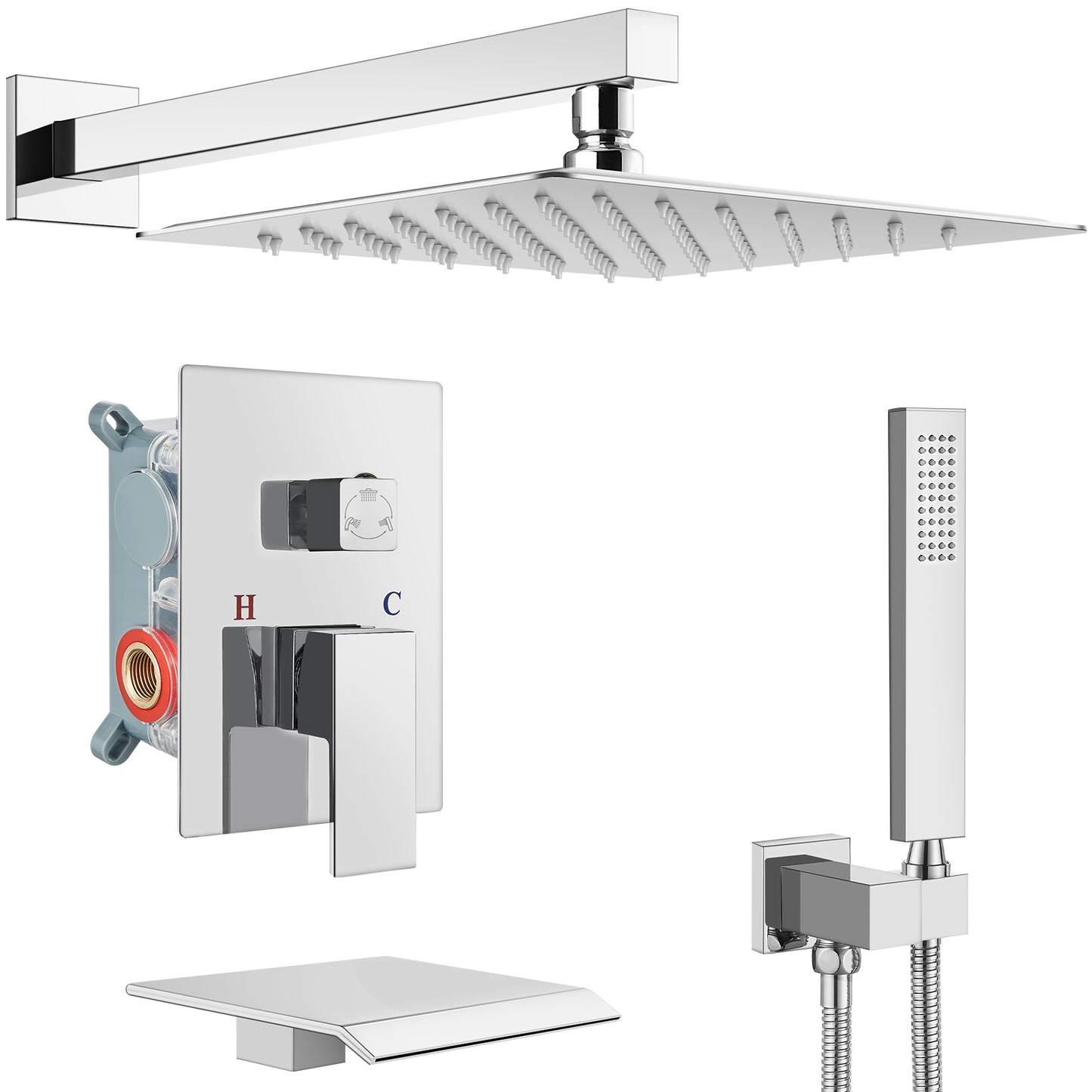 Midanya Rain Shower System Tub Shower Faucet Set 12 Inch Square Rainfall Shower Head with Handheld Sprayer and Waterfall Tub Spout Rough-in Valve Shower Mixer Combo
