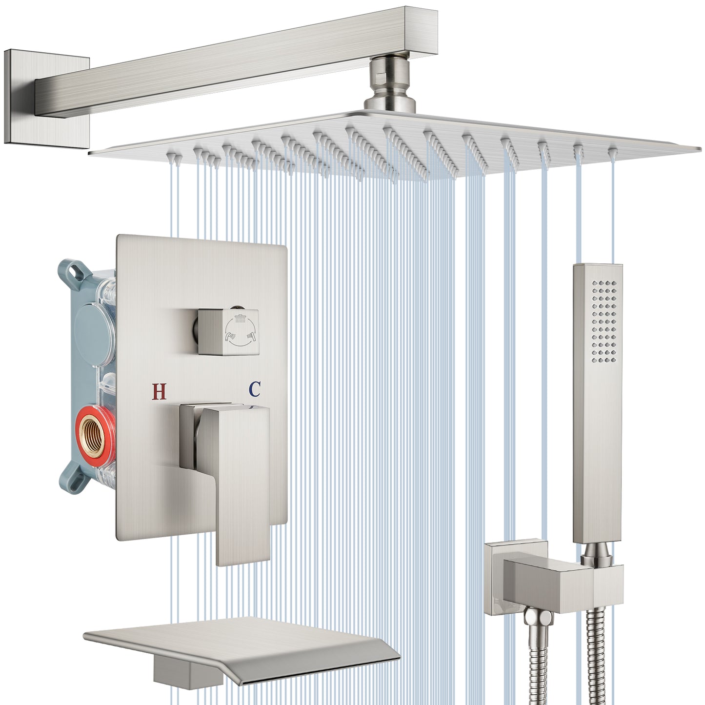 Midanya Rain Shower System Tub Shower Faucet Set 12 Inch Square Rainfall Shower Head with Handheld Sprayer and Waterfall Tub Spout Rough-in Valve Shower Mixer Combo