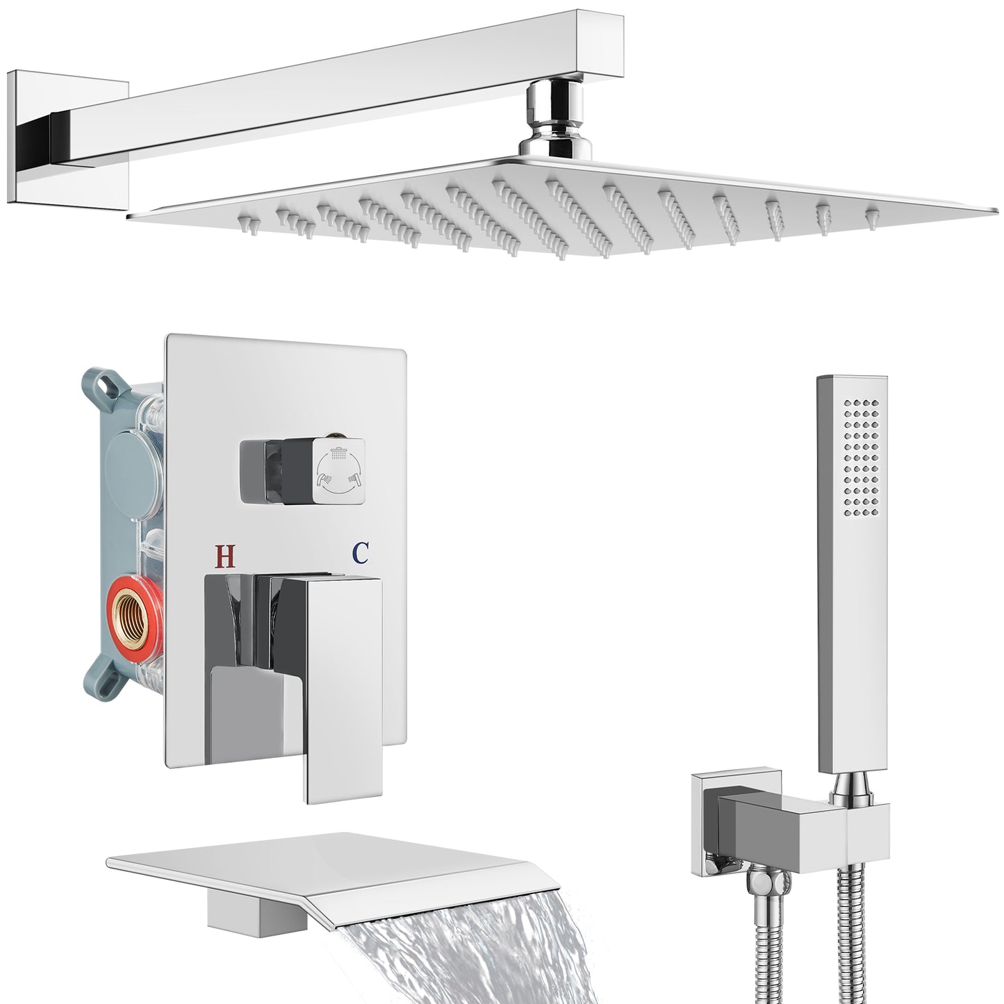 Midanya Rain Shower System Tub Shower Faucet Set 12 Inch Square Rainfall Shower Head with Handheld Sprayer and Waterfall Tub Spout Rough-in Valve Shower Mixer Combo