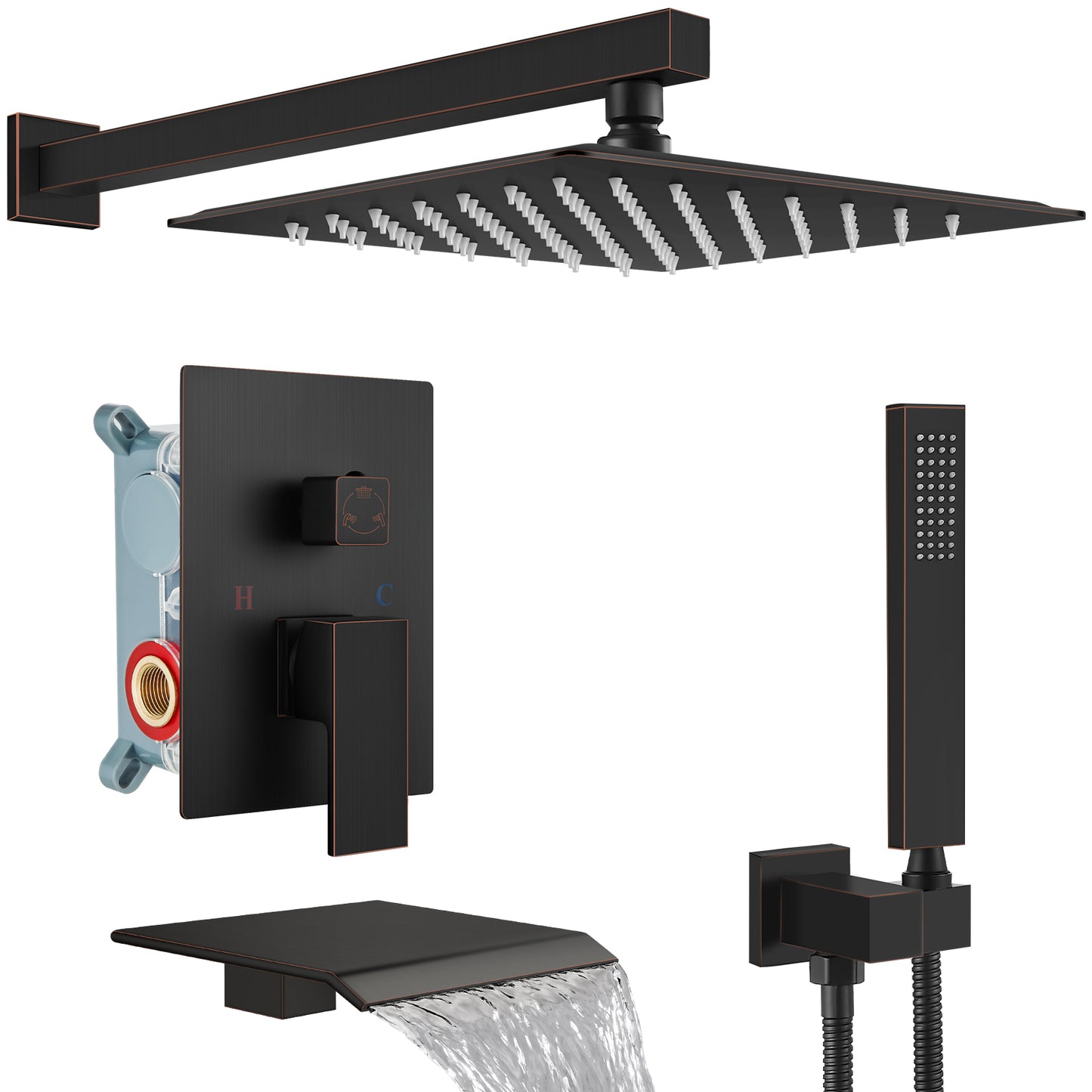 Midanya Rain Shower System Tub Shower Faucet Set 12 Inch Square Rainfall Shower Head with Handheld Sprayer and Waterfall Tub Spout Rough-in Valve Shower Mixer Combo