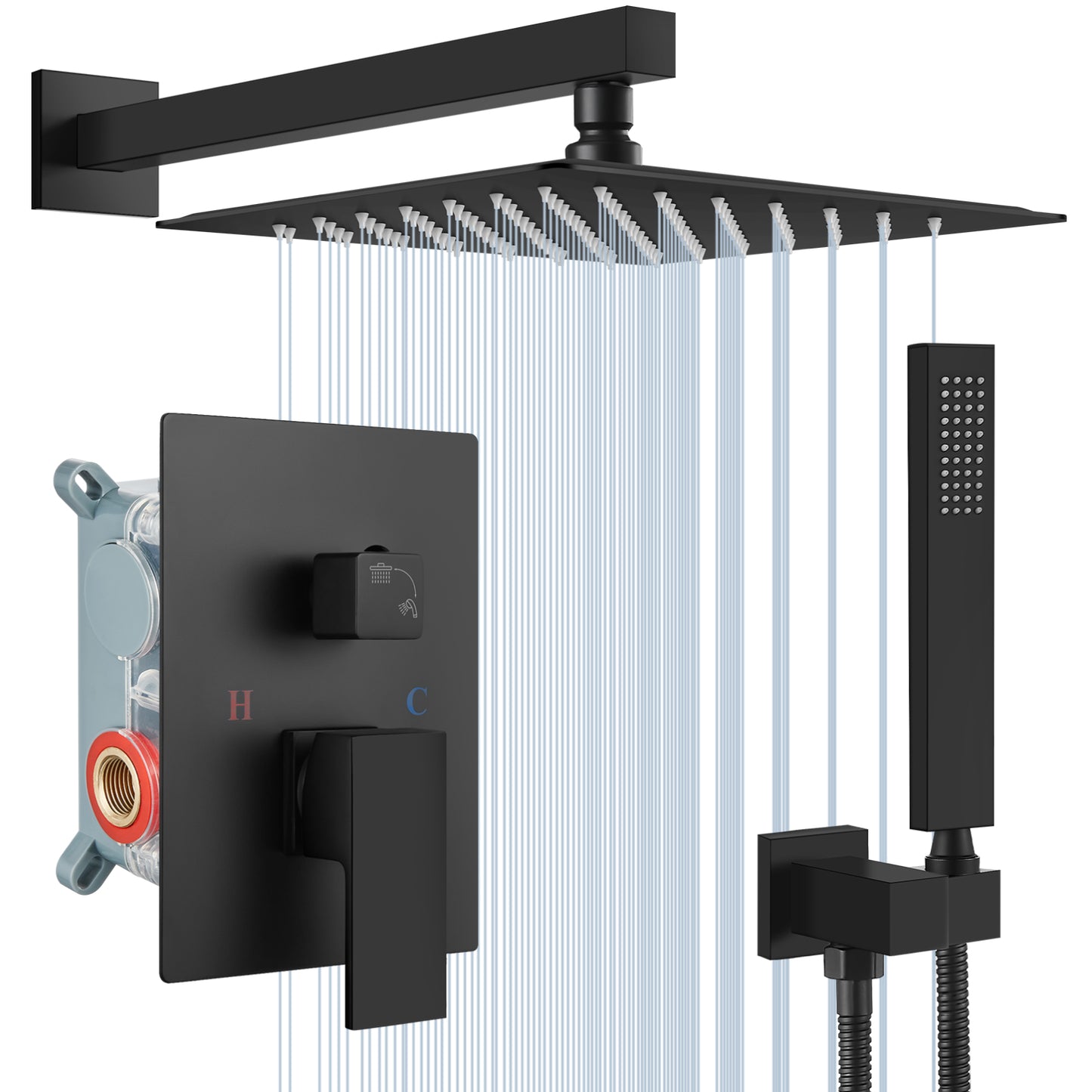 Midanya Rain Shower System 10 Inch Square Rainfall Shower Head Wall Mount Shower Faucet Set with Hand Sprayer Rough-in Valve Trim Kit Bathroom Mixer Shower Combo Set