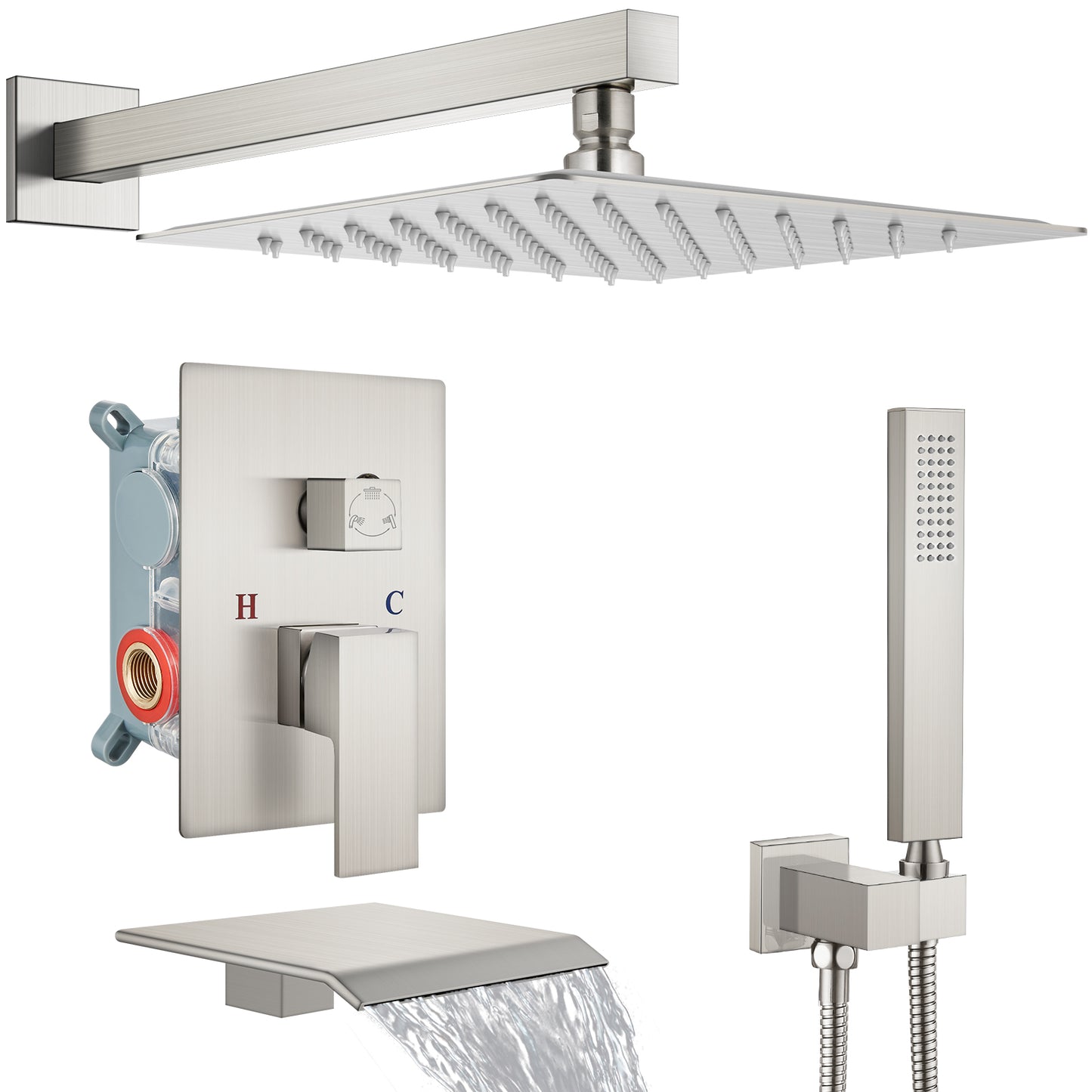 Midanya Rain Shower System Tub Shower Faucet Set 12 Inch Square Rainfall Shower Head with Handheld Sprayer and Waterfall Tub Spout Rough-in Valve Shower Mixer Combo
