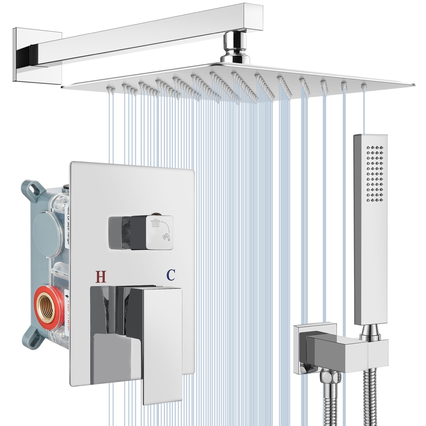 Midanya Rain Shower System 10 Inch Square Rainfall Shower Head Wall Mount Shower Faucet Set with Hand Sprayer Rough-in Valve Trim Kit Bathroom Mixer Shower Combo Set
