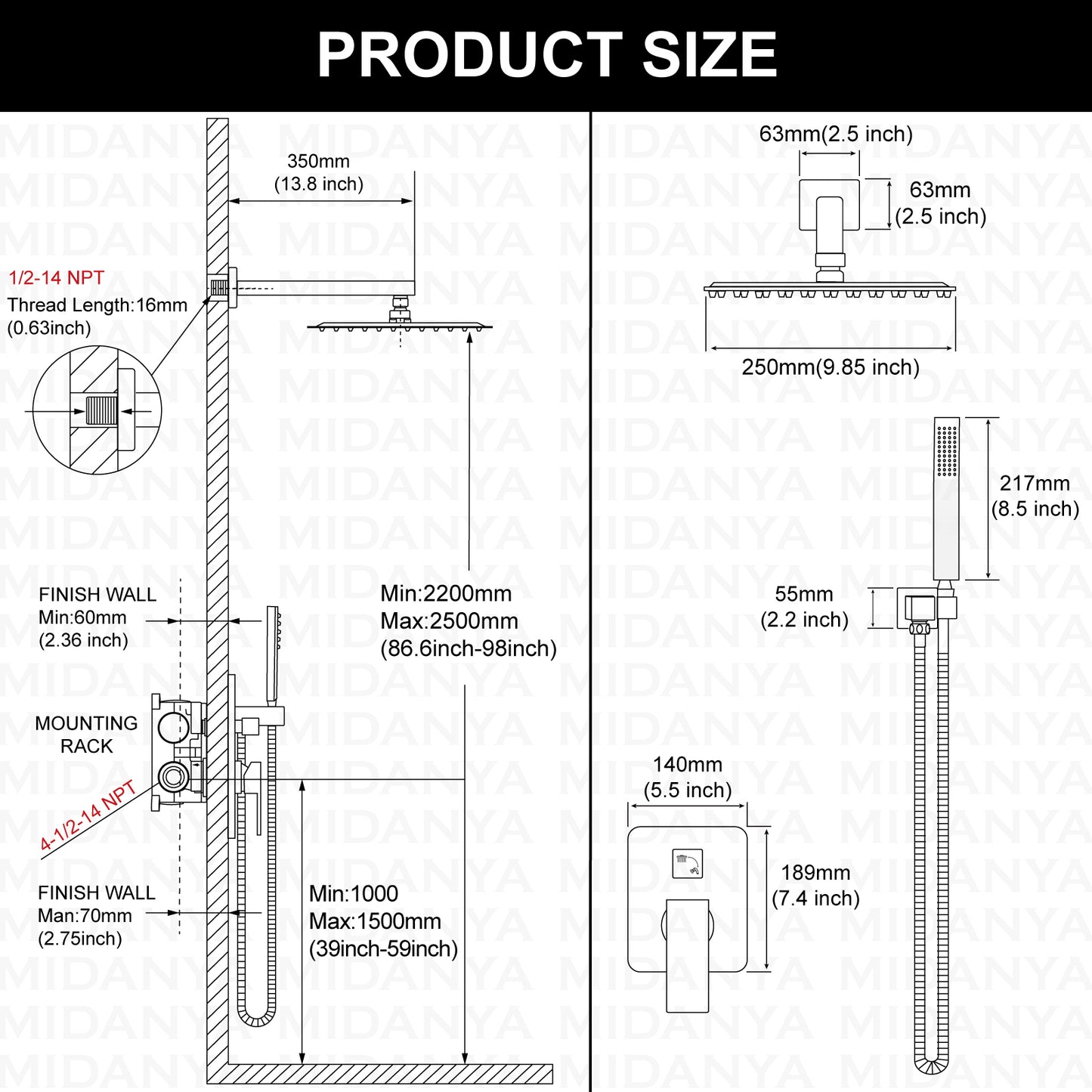Midanya Rain Shower System 10 Inch Square Rainfall Shower Head Wall Mount Shower Faucet Set with Hand Sprayer Rough-in Valve Trim Kit Bathroom Mixer Shower Combo Set