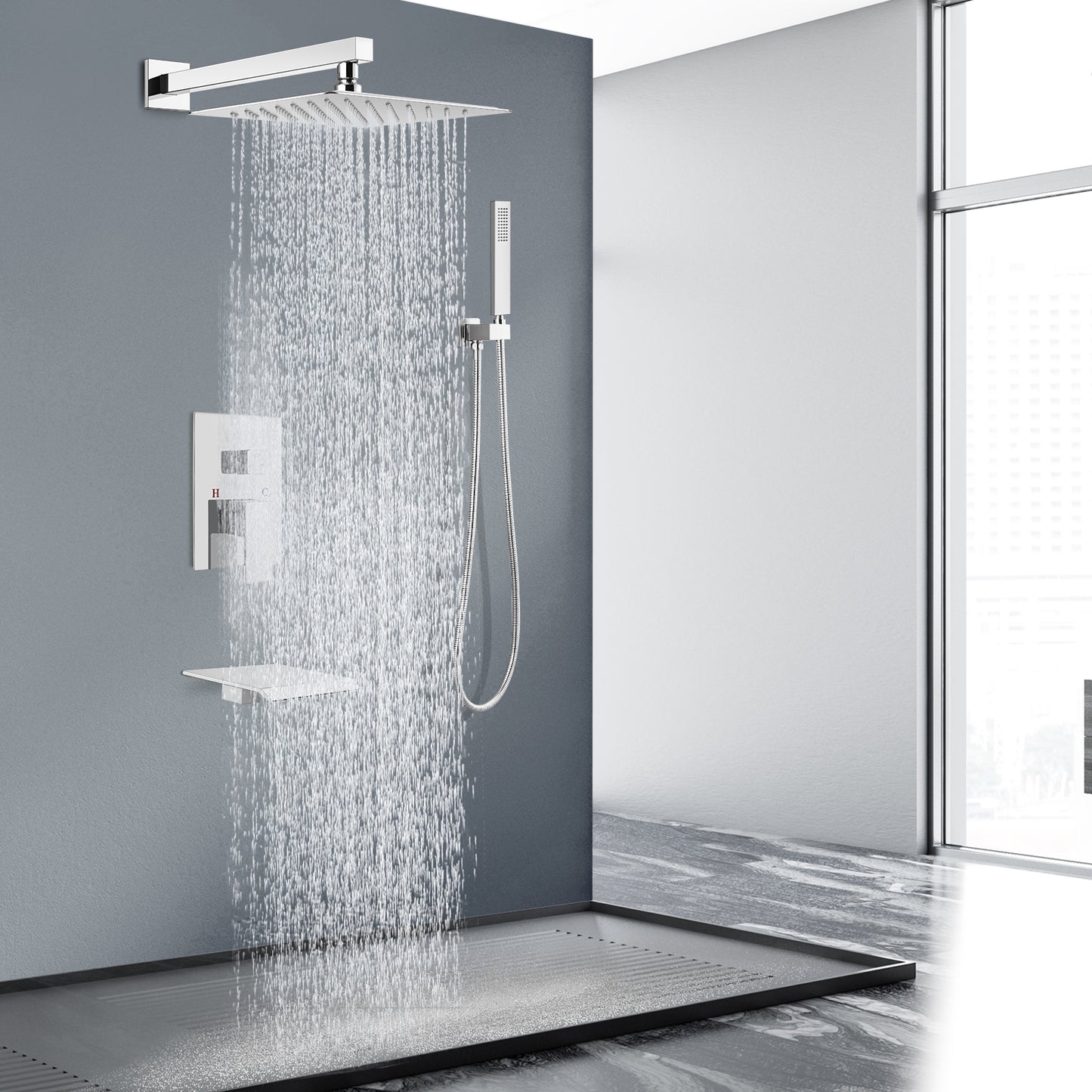 Midanya Rain Shower System Tub Shower Faucet Set 12 Inch Square Rainfall Shower Head with Handheld Sprayer and Waterfall Tub Spout Rough-in Valve Shower Mixer Combo
