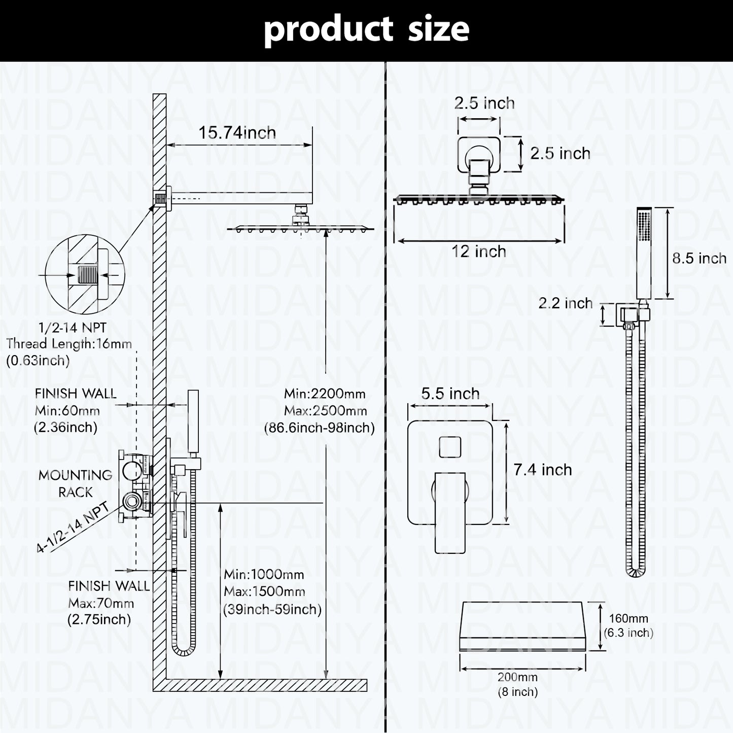 Midanya Rain Shower System Tub Shower Faucet Set 12 Inch Square Rainfall Shower Head with Handheld Sprayer and Waterfall Tub Spout Rough-in Valve Shower Mixer Combo