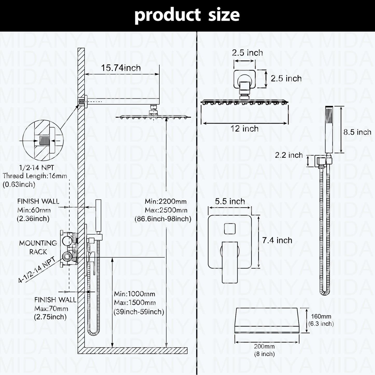 Midanya Rain Shower System Tub Shower Faucet Set 12 Inch Square Rainfall Shower Head with Handheld Sprayer and Waterfall Tub Spout Rough-in Valve Shower Mixer Combo