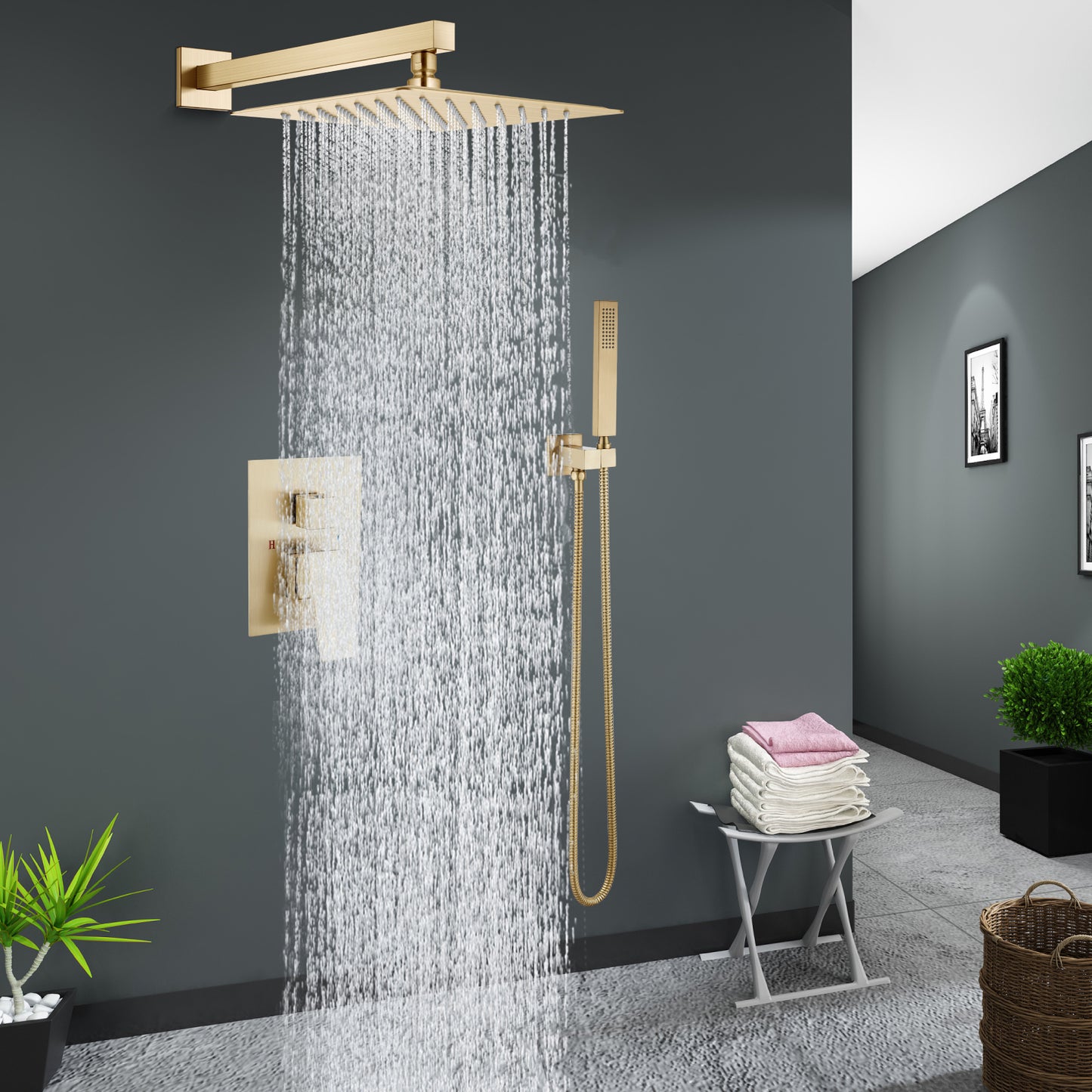 Midanya Rain Shower System 10 Inch Square Rainfall Shower Head Wall Mount Shower Faucet Set with Hand Sprayer Rough-in Valve Trim Kit Bathroom Mixer Shower Combo Set