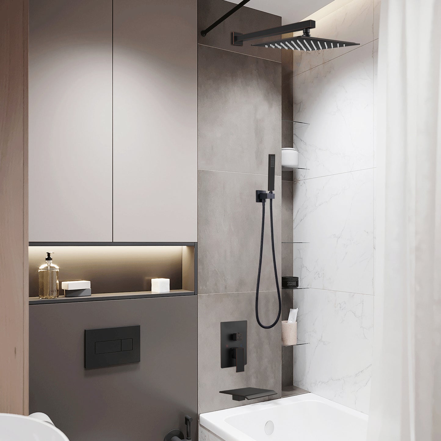 Midanya Rain Shower System Tub Shower Faucet Set 12 Inch Square Rainfall Shower Head with Handheld Sprayer and Waterfall Tub Spout Rough-in Valve Shower Mixer Combo