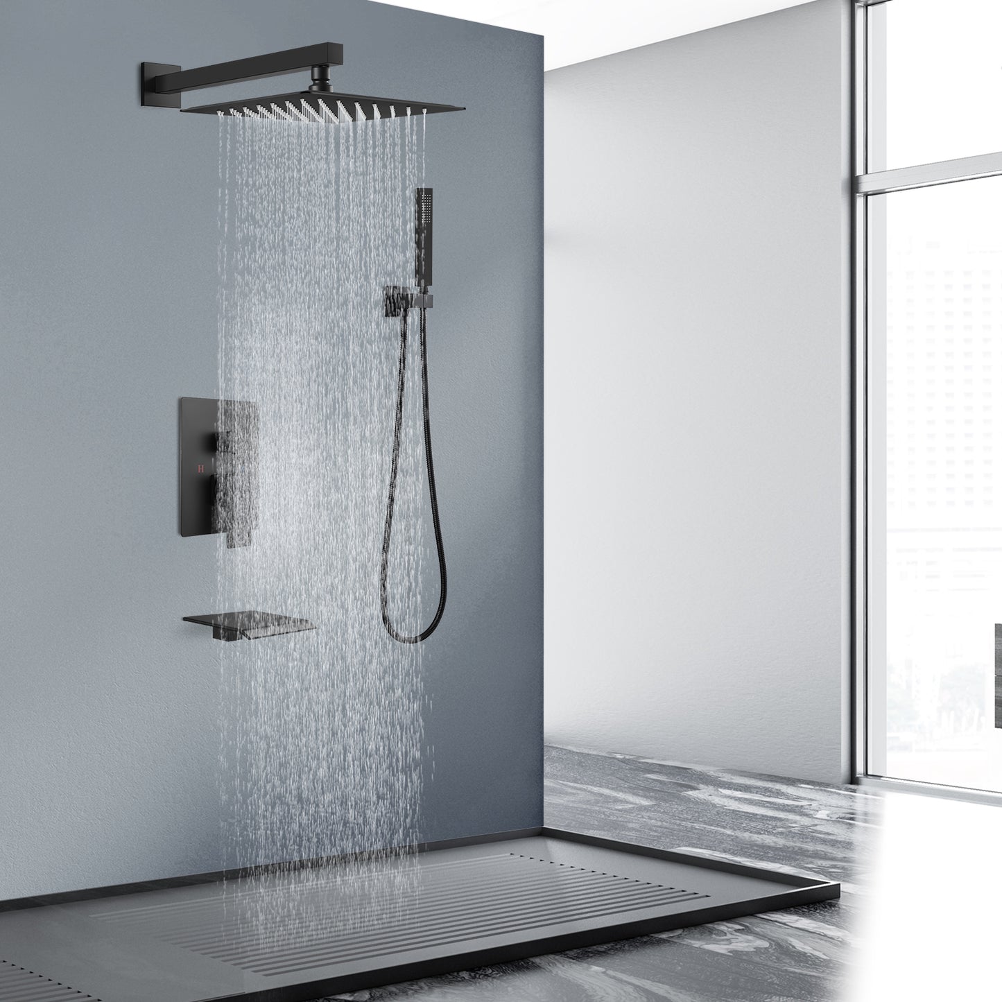 Midanya Rain Shower System Tub Shower Faucet Set 12 Inch Square Rainfall Shower Head with Handheld Sprayer and Waterfall Tub Spout Rough-in Valve Shower Mixer Combo
