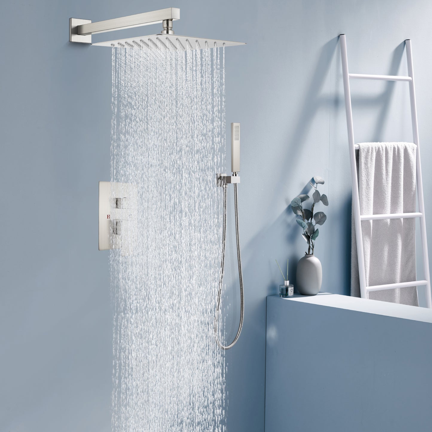 Midanya Rain Shower System 10 Inch Square Rainfall Shower Head Wall Mount Shower Faucet Set with Hand Sprayer Rough-in Valve Trim Kit Bathroom Mixer Shower Combo Set