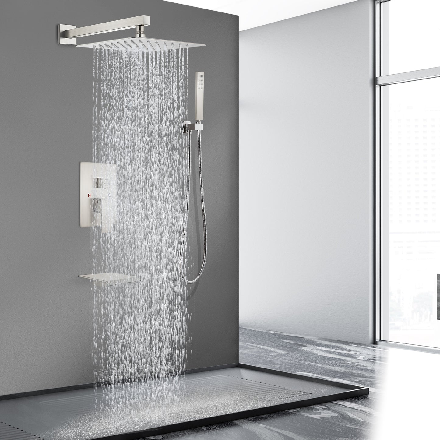 Midanya Rain Shower System Tub Shower Faucet Set 12 Inch Square Rainfall Shower Head with Handheld Sprayer and Waterfall Tub Spout Rough-in Valve Shower Mixer Combo