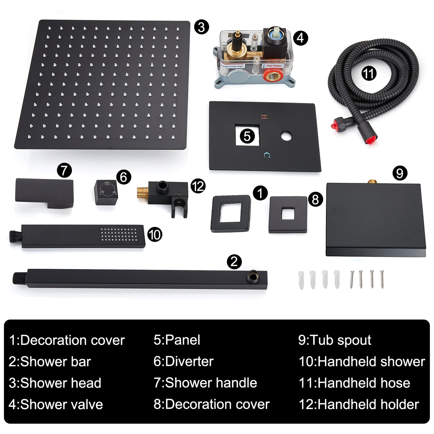 Midanya Rain Shower System Tub Shower Faucet Set 12 Inch Square Rainfall Shower Head with Handheld Sprayer and Waterfall Tub Spout Rough-in Valve Shower Mixer Combo