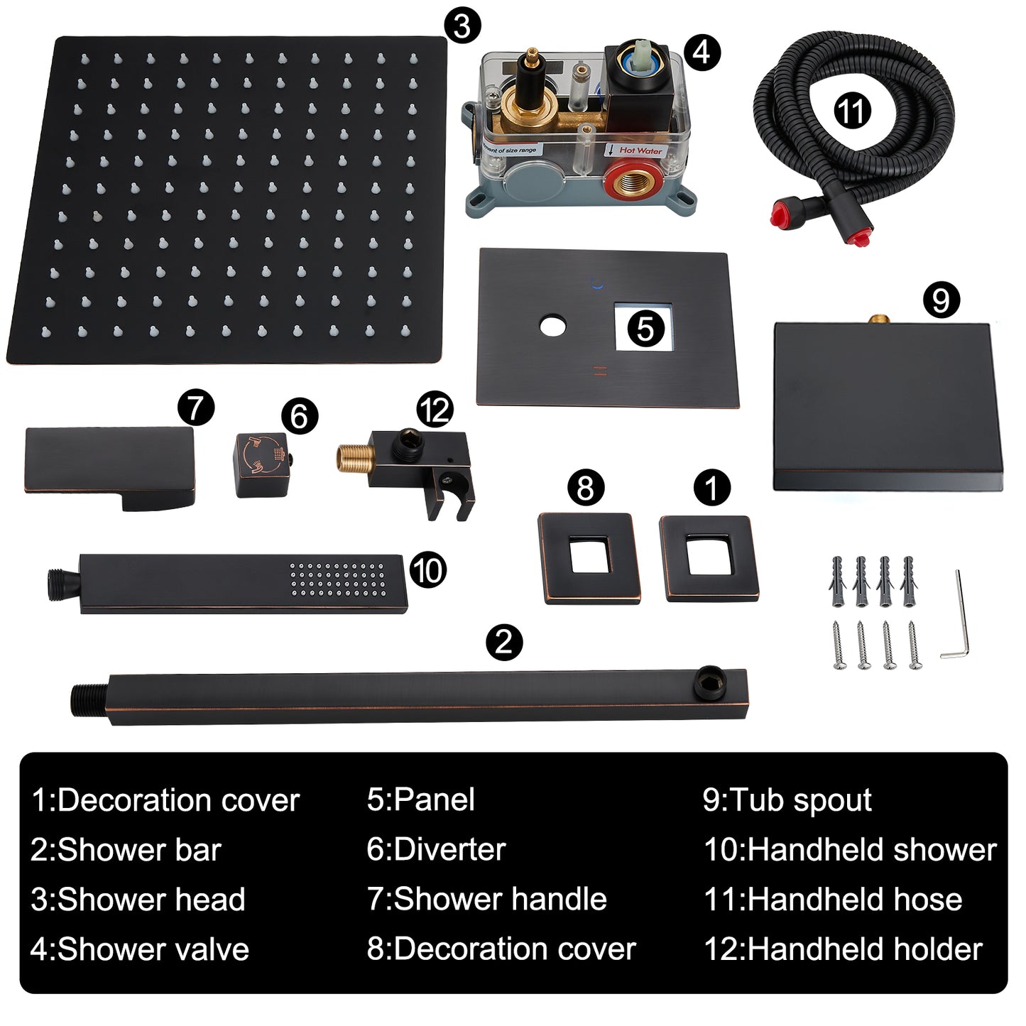 Midanya Rain Shower System Tub Shower Faucet Set 12 Inch Square Rainfall Shower Head with Handheld Sprayer and Waterfall Tub Spout Rough-in Valve Shower Mixer Combo