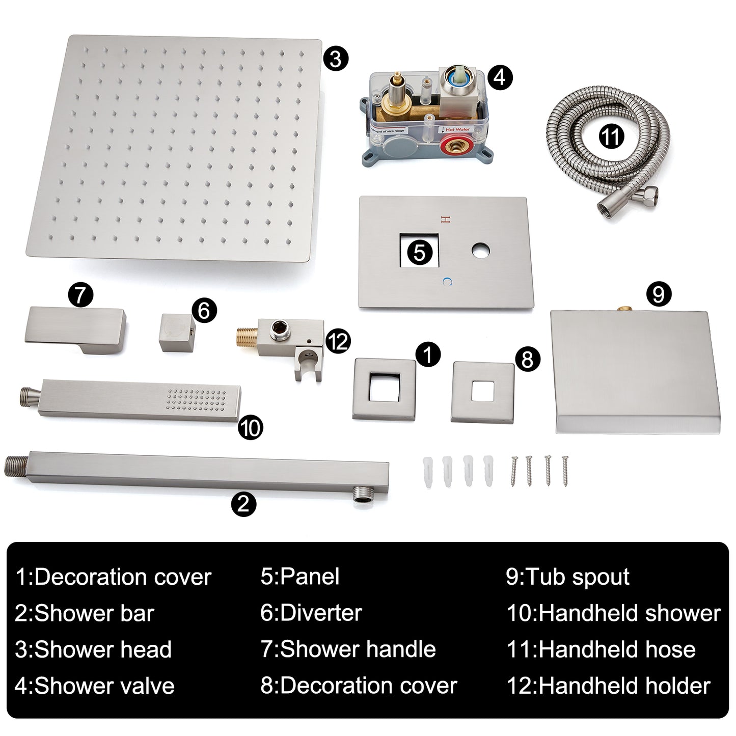 Midanya Rain Shower System Tub Shower Faucet Set 12 Inch Square Rainfall Shower Head with Handheld Sprayer and Waterfall Tub Spout Rough-in Valve Shower Mixer Combo