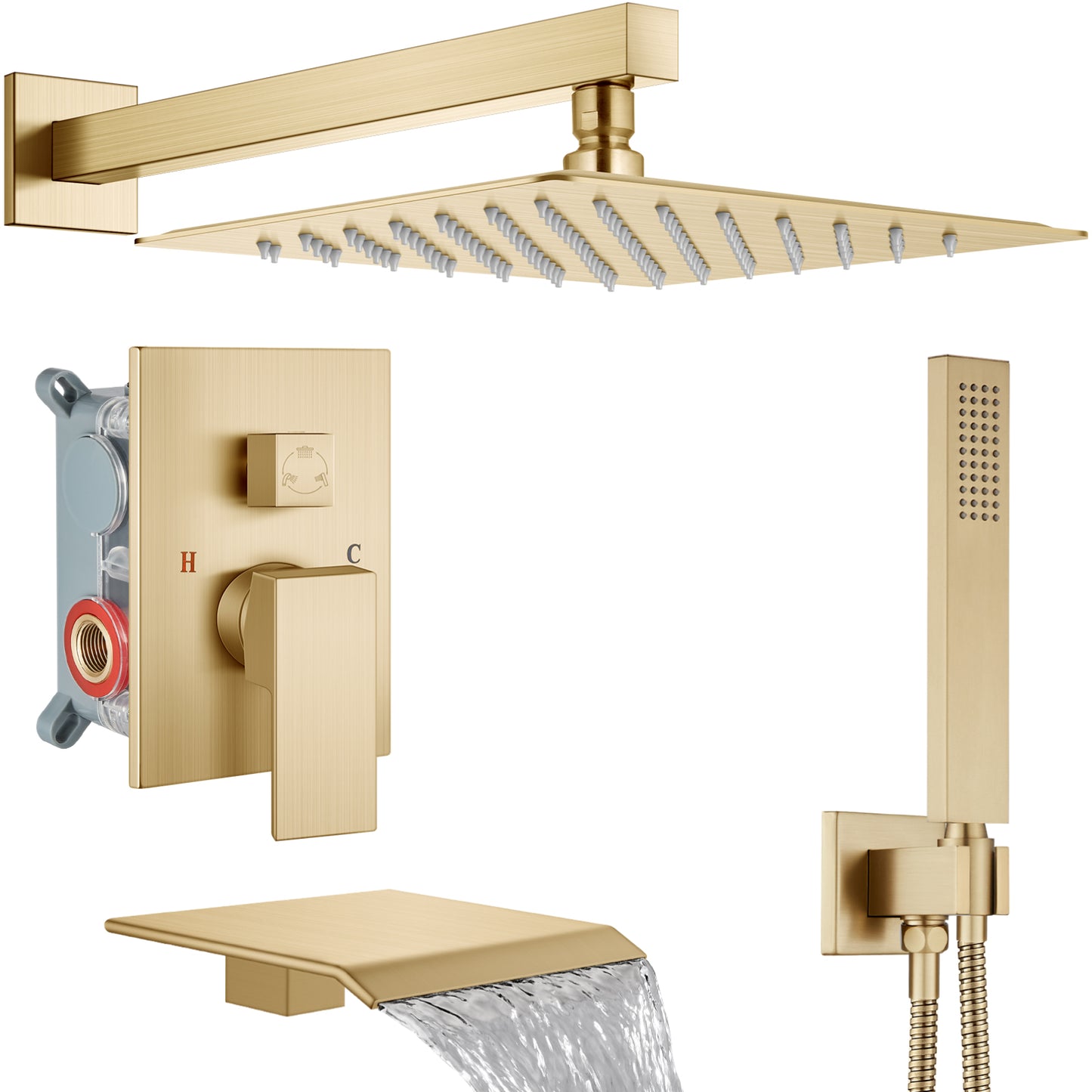 
                  
                    Midanya Rain Shower System Tub Shower Faucet Set 12 Inch Square Rainfall Shower Head with Handheld Sprayer and Waterfall Tub Spout Rough-in Valve Shower Mixer Combo
                  
                