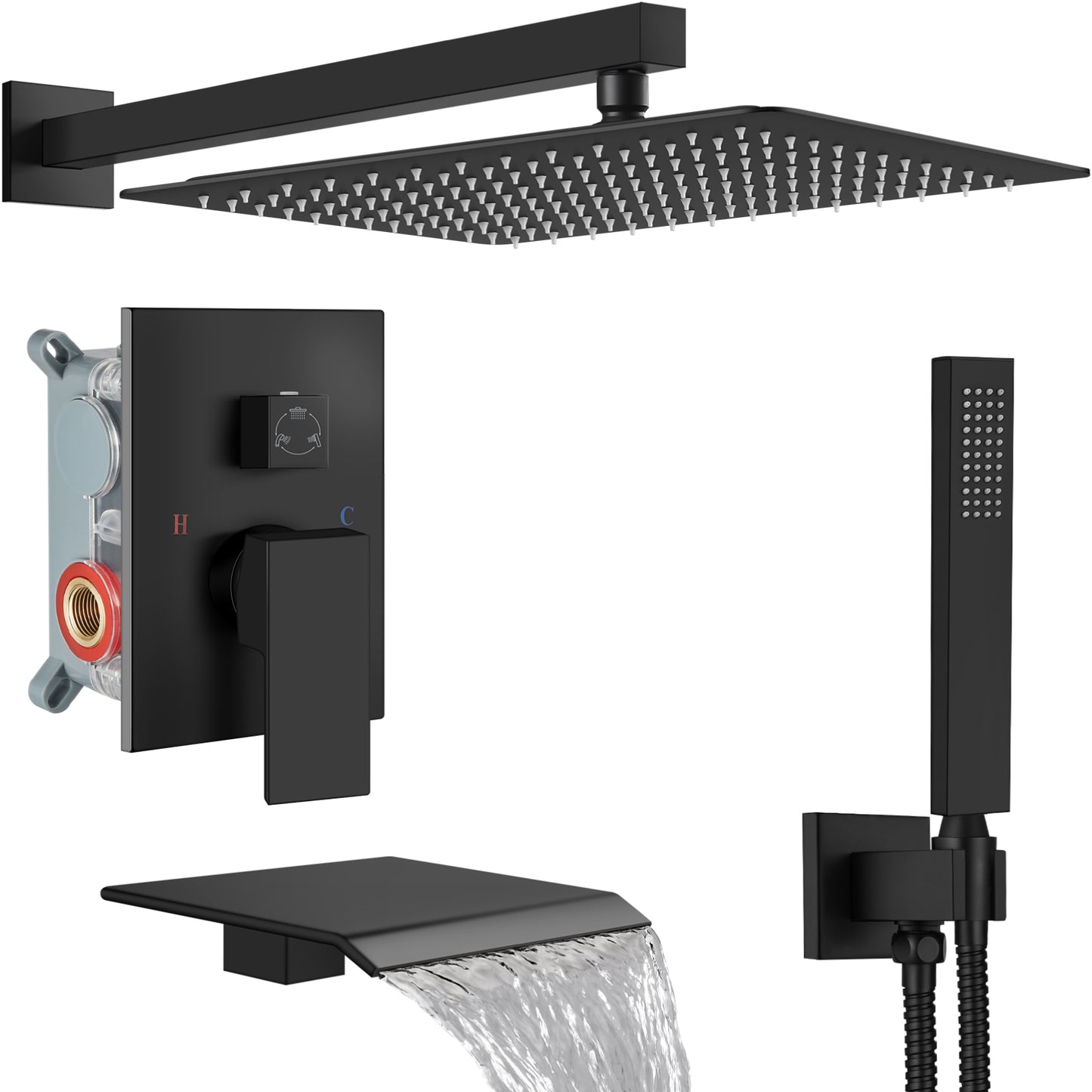
                  
                    Midanya Rain Shower System Tub Shower Faucet Set 16 Inch Square Rainfall High Pressure Shower Head with Handheld Sprayer and Waterfall Tub Spout Rough-in Valve Shower Mixer Combo
                  
                