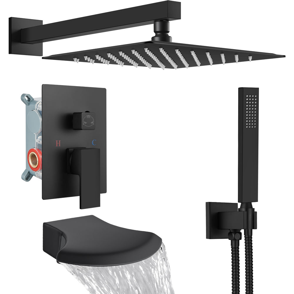 Midanya Rain Shower System Tub Shower Faucet Set Square Rainfall Head with Handheld Sprayer and Waterfall Tub Spout Combo,Wall Mount 10 Inch, Matte Black