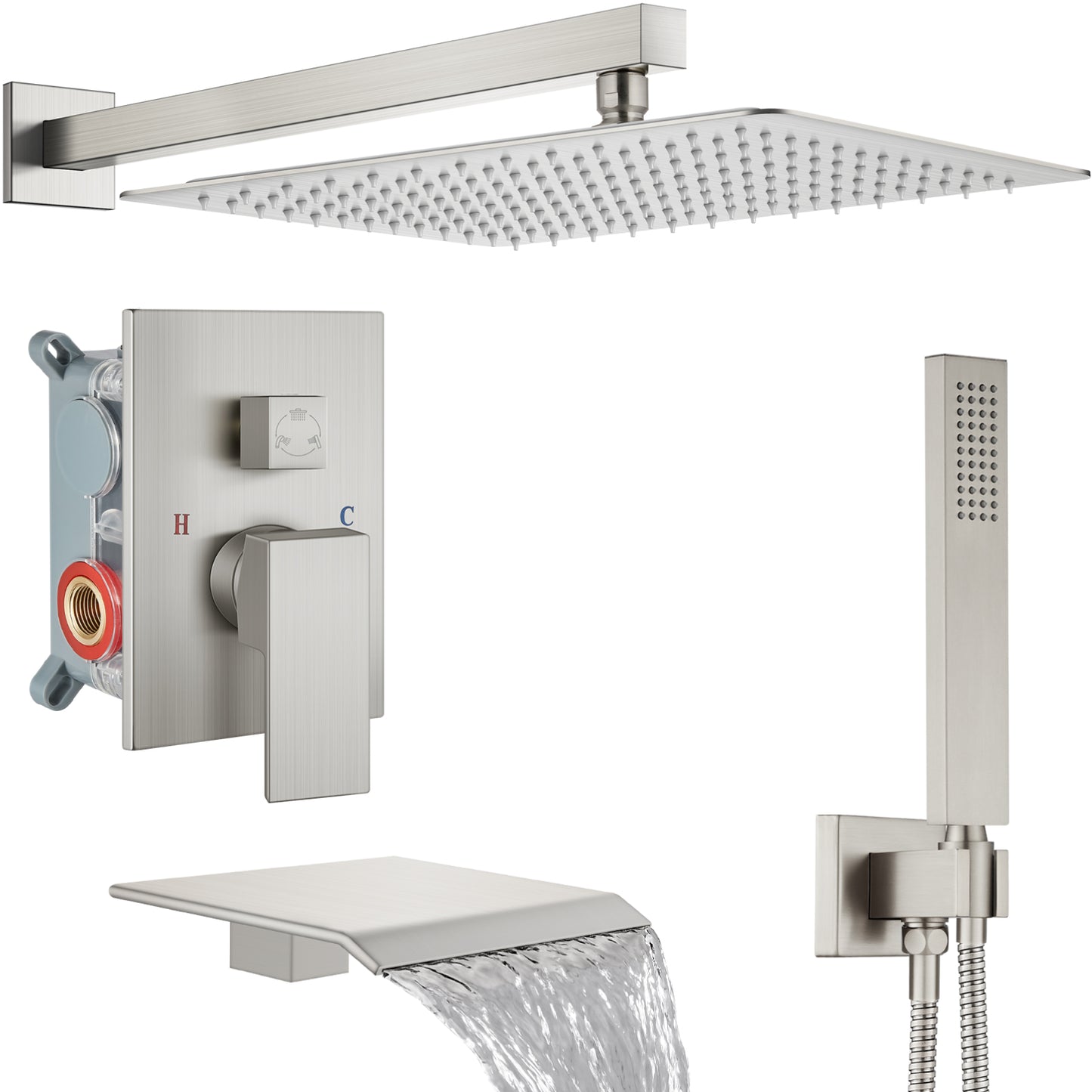
                  
                    Midanya Rain Shower System Tub Shower Faucet Set 16 Inch Square Rainfall High Pressure Shower Head with Handheld Sprayer and Waterfall Tub Spout Rough-in Valve Shower Mixer Combo
                  
                