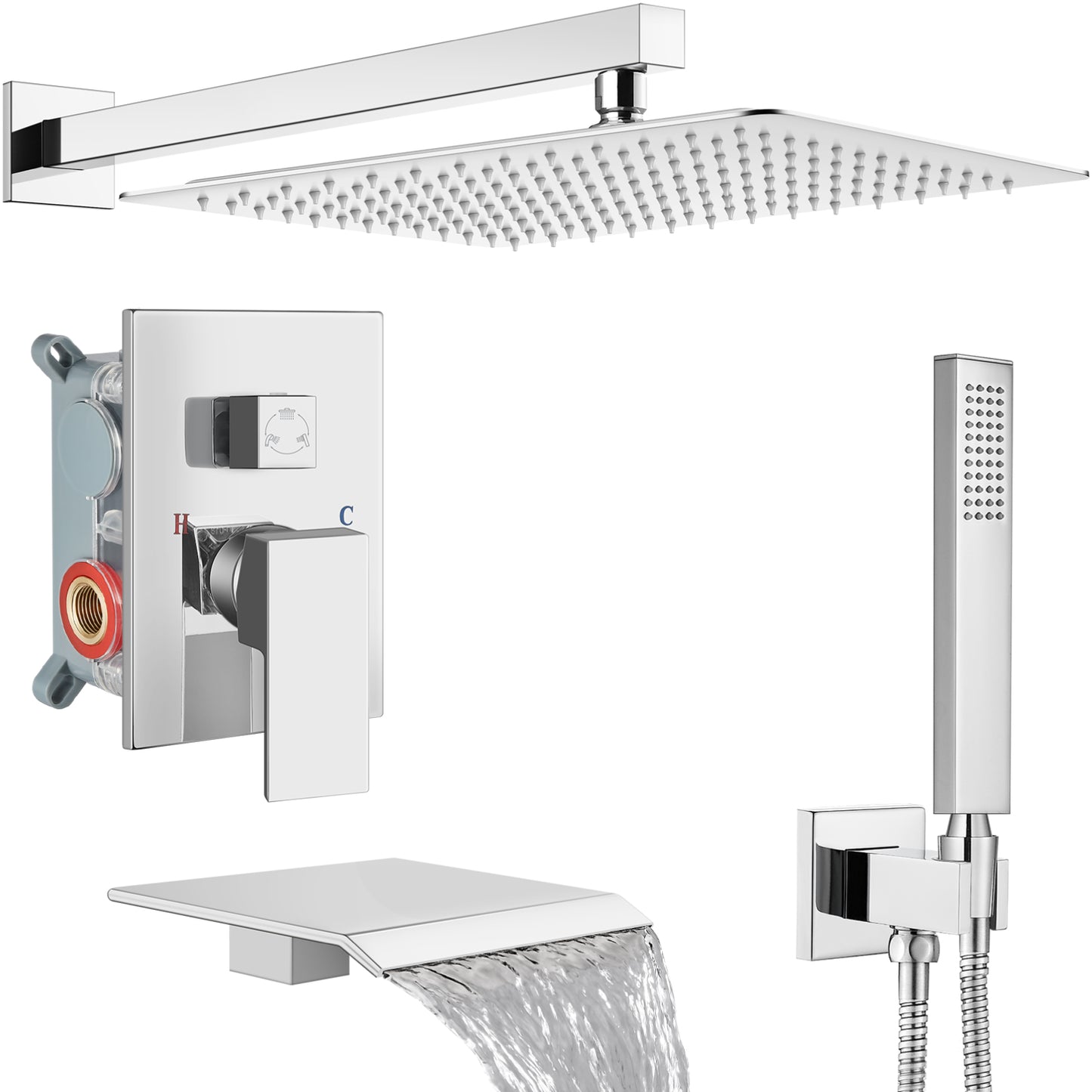 
                  
                    Midanya Rain Shower System Tub Shower Faucet Set 16 Inch Square Rainfall High Pressure Shower Head with Handheld Sprayer and Waterfall Tub Spout Rough-in Valve Shower Mixer Combo
                  
                