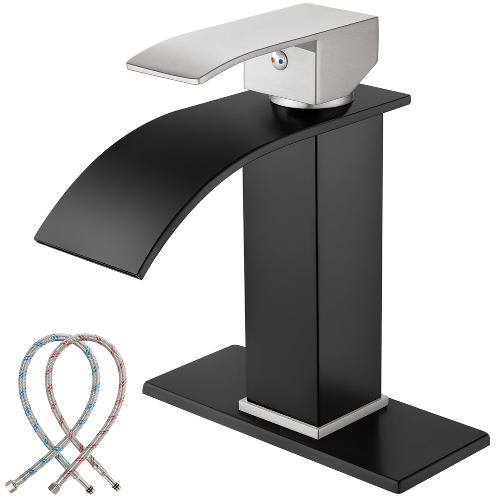Midanya Brushed Nickel Handle Matte Black Wide Spout Bathroom Sink Faucet,Single Handle Waterfall Bathroom Faucet,Single Hole Deck Mount Vanity Faucet,Hot and Cold Mixer Tap with Water Supply Lines