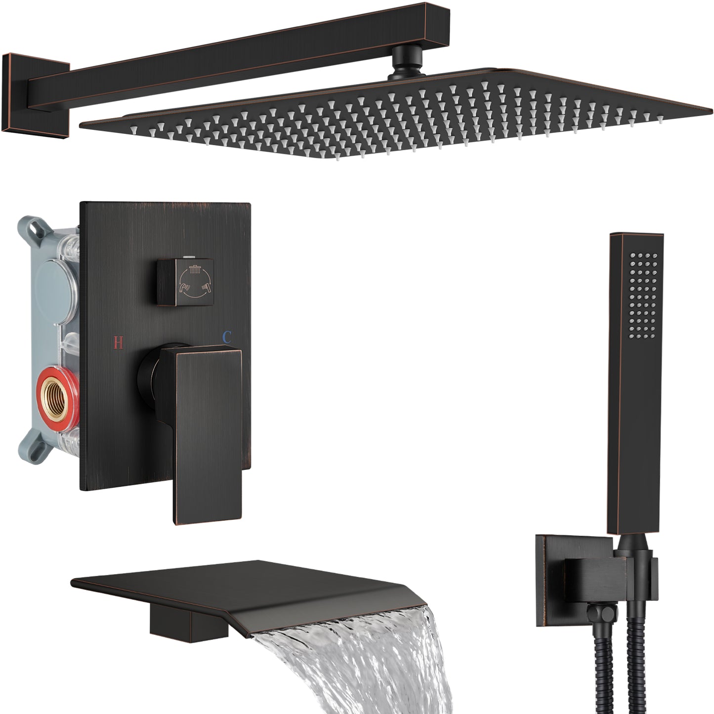
                  
                    Midanya Rain Shower System Tub Shower Faucet Set 16 Inch Square Rainfall High Pressure Shower Head with Handheld Sprayer and Waterfall Tub Spout Rough-in Valve Shower Mixer Combo
                  
                