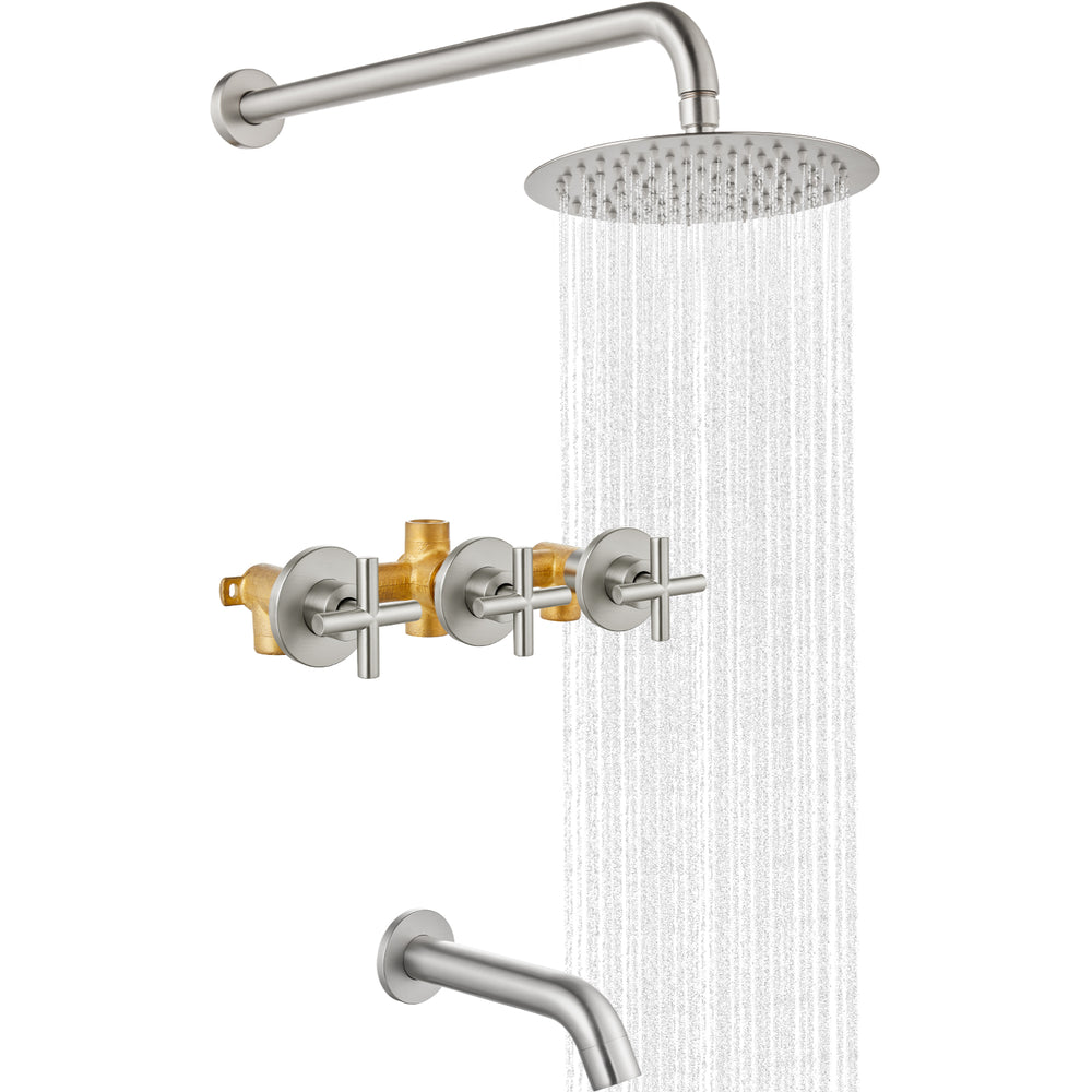Midanya 3 Handle Tub Shower Faucet with Tub Spout,8-inch Rainfall Bathtub Rain Shower Faucet Set and Rough-in Valve Wall Mount Bathroom Trim Kit Shower System, Round Shower Head