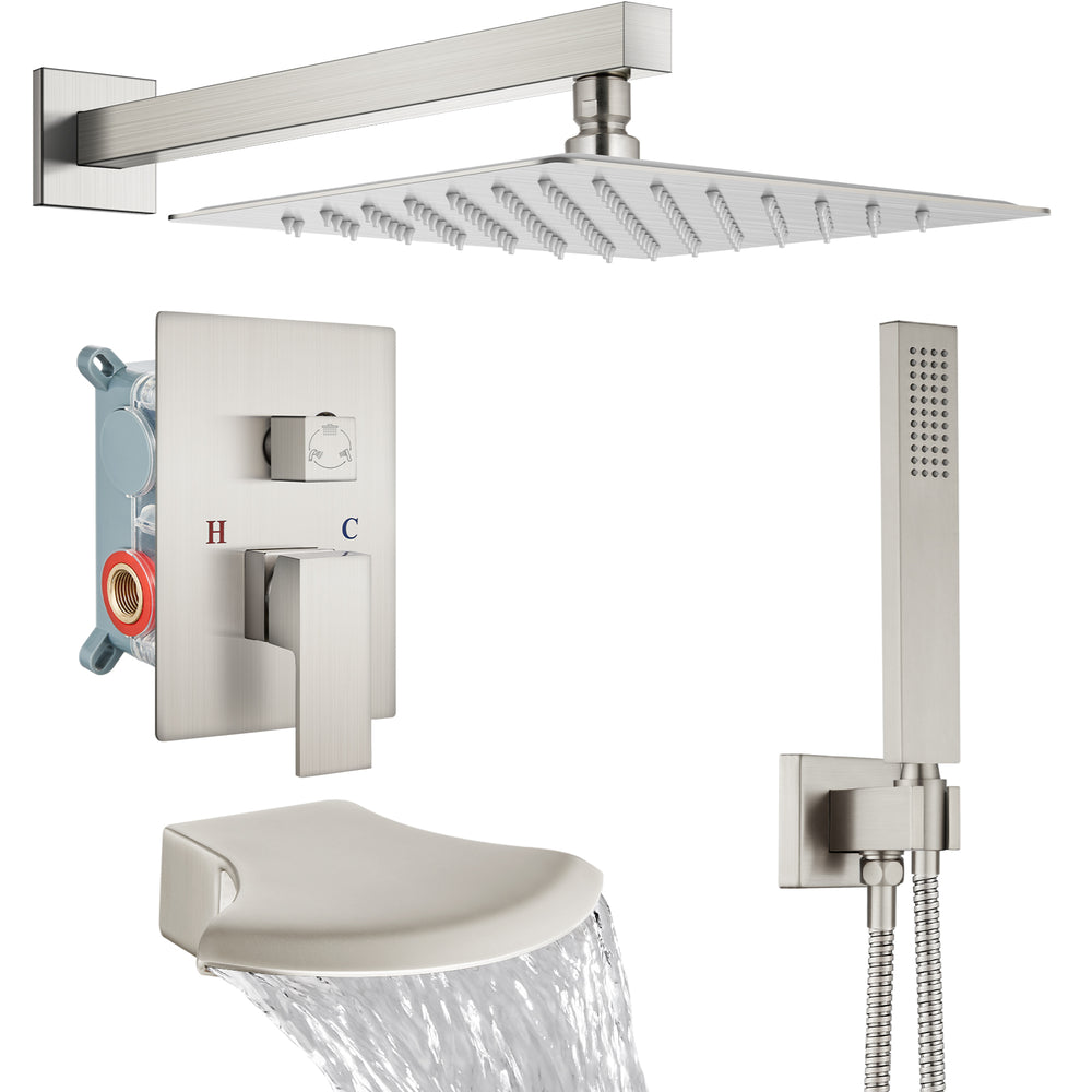 Midanya Rain Shower System 10 inch Tub Shower Faucet Set Square Rainfall Head with Handheld Sprayer and Waterfall Tub Spout Combo,Wall Mount