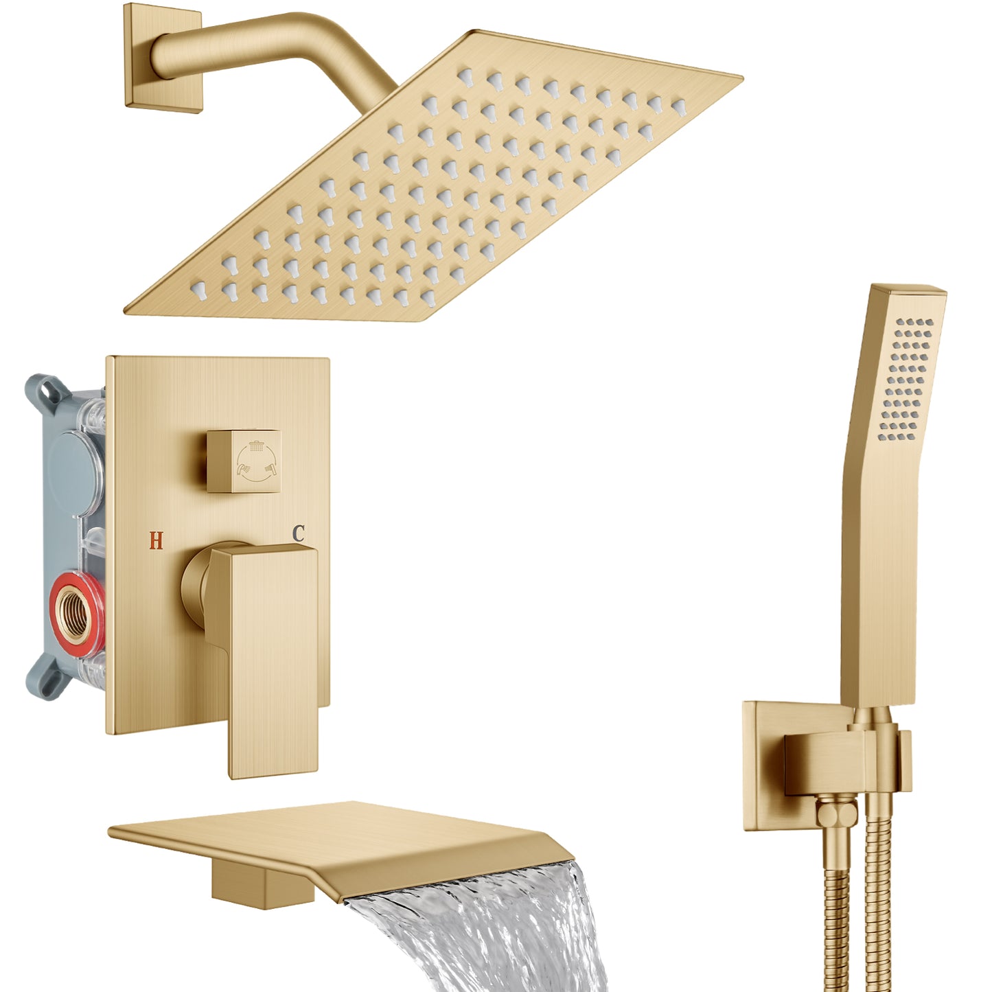 
                  
                    Midanya Rain Shower System Tub Shower Faucet Set 8 Inch Square Rainfall Shower Head with Handheld Sprayer and Waterfall Tub Spout Rough-in Valve Shower Mixer Combo
                  
                