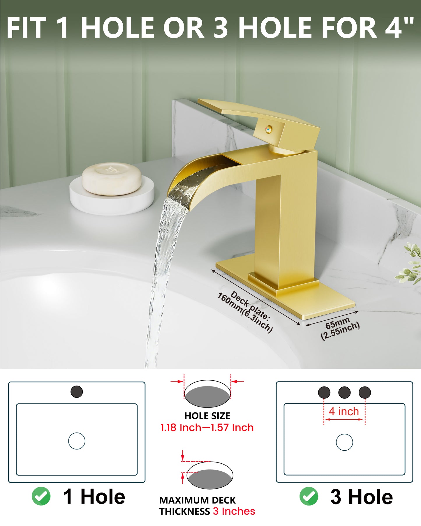 
                  
                    Midanya Waterfall Bathroom Faucet, Single Handle Bathroom Sink Faucet for Sink 1 or 4 Inch 3 Hole, Stainless Steel Vanity Faucets with Deck Plate and Pop up Drain
                  
                