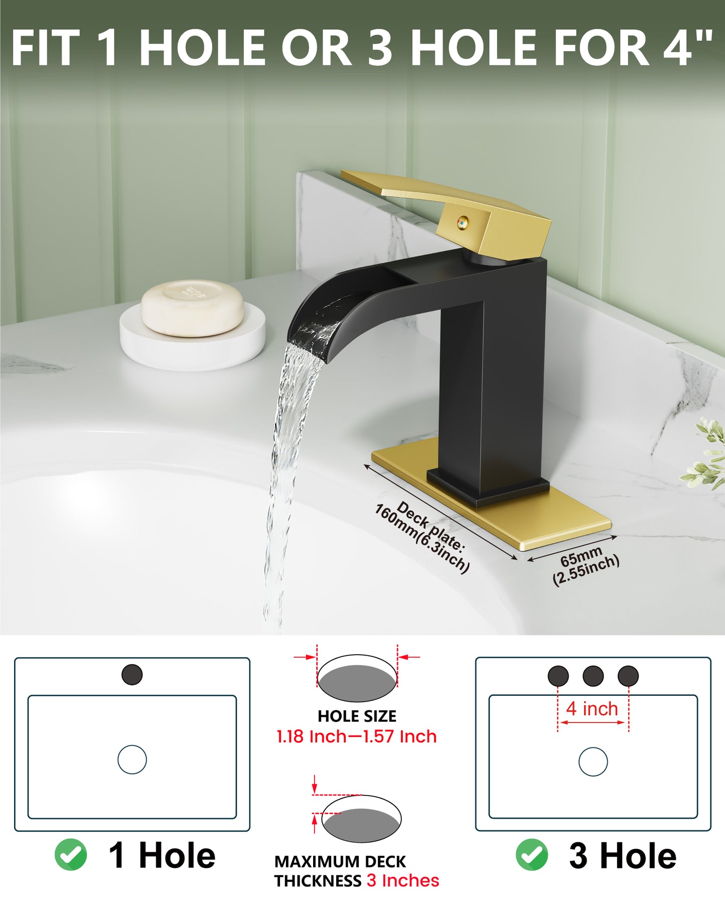 
                  
                    Midanya Waterfall Bathroom Faucet, Single Handle Bathroom Sink Faucet for Sink 1 or 4 Inch 3 Hole, Stainless Steel Vanity Faucets with Deck Plate and Pop up Drain
                  
                