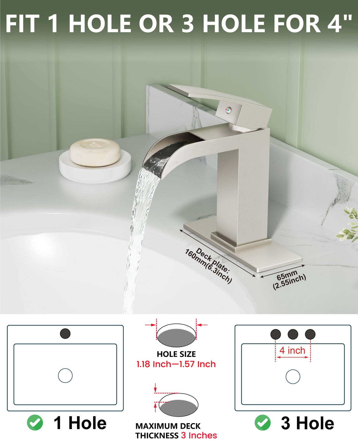 
                  
                    Midanya Waterfall Bathroom Faucet, Single Handle Bathroom Sink Faucet for Sink 1 or 4 Inch 3 Hole, Stainless Steel Vanity Faucets with Deck Plate and Pop up Drain
                  
                