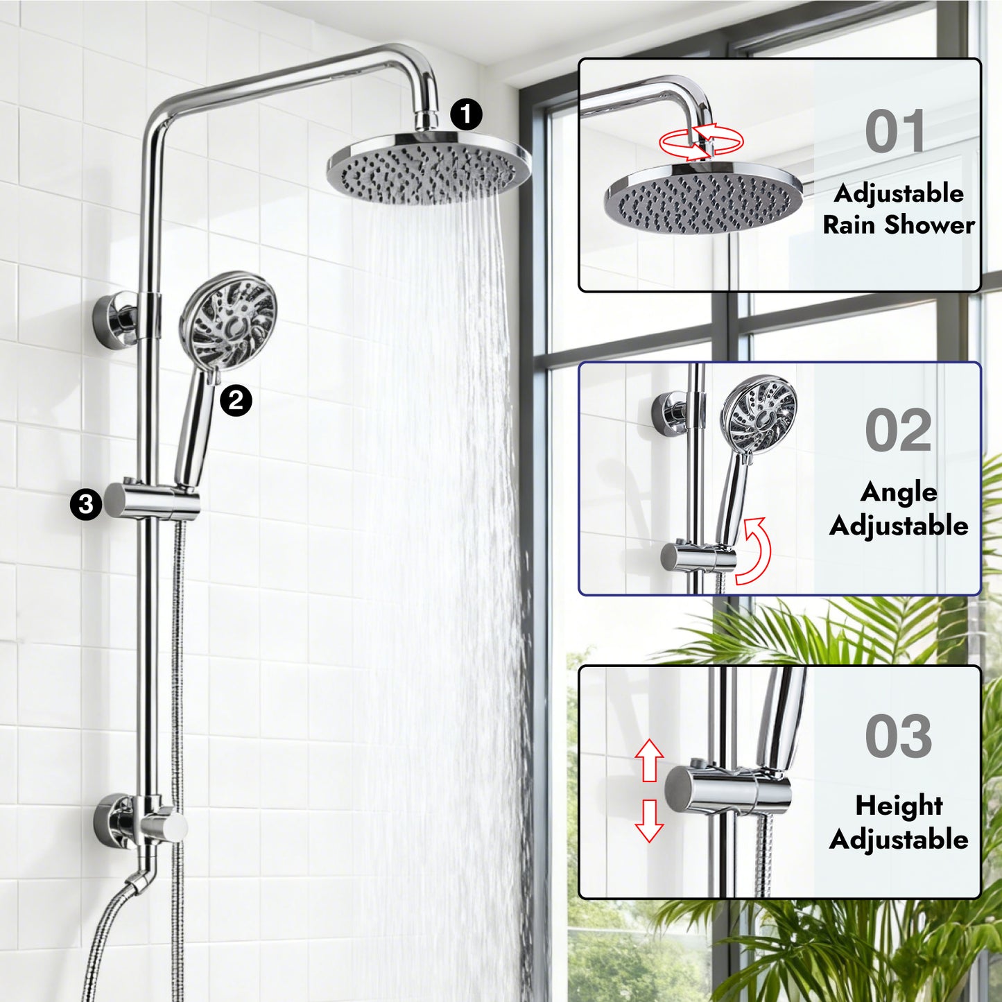 
                  
                    Midanya Retrofit Rain Shower System Wall Mount 8 Inch Rainfall Shower Head with 5-setting Handheld Spray Combo with Slide Bar
                  
                