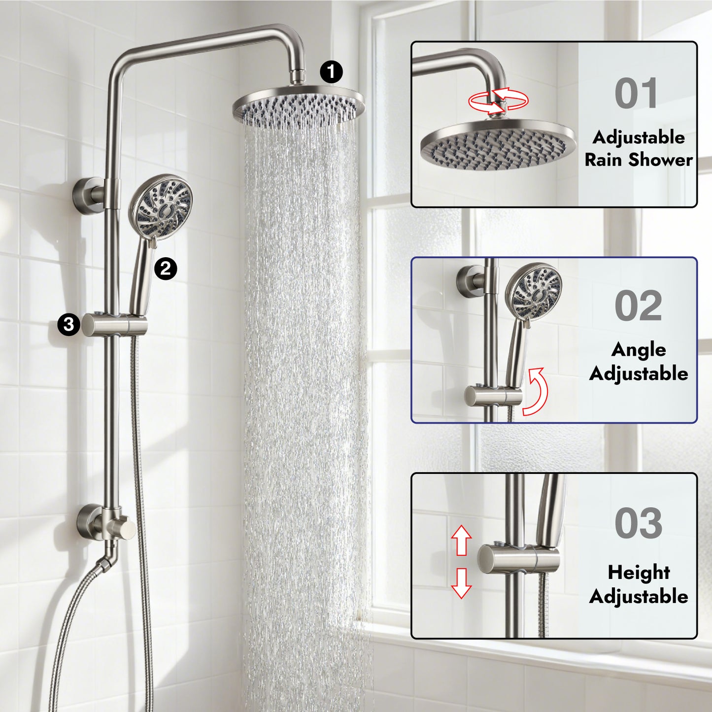 
                  
                    Midanya Retrofit Rain Shower System Wall Mount 8 Inch Rainfall Shower Head with 5-setting Handheld Spray Combo with Slide Bar
                  
                