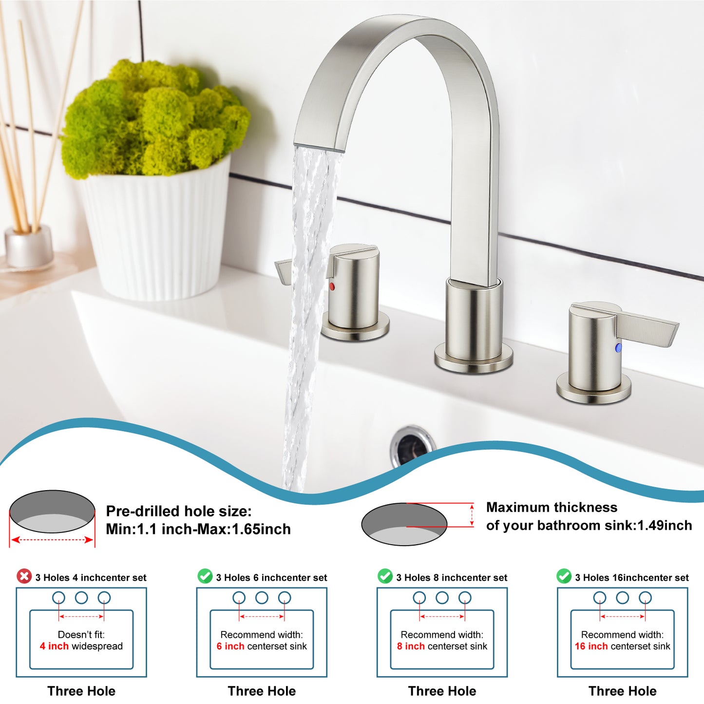 
                  
                    Midanya 8 inch Widespread Bathroom Sink Faucet,Modern Waterfall 3 Hole 2 Handles Bathroom Faucet 8" Vanity Faucets with Pop Up Drain and Water Supply Lines
                  
                