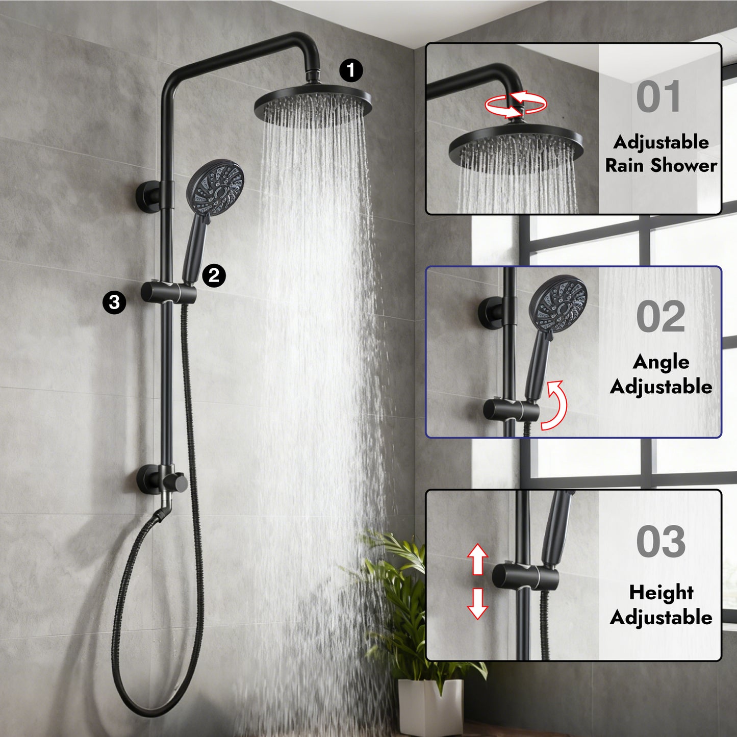 
                  
                    Midanya Retrofit Rain Shower System Wall Mount 8 Inch Rainfall Shower Head with 5-setting Handheld Spray Combo with Slide Bar
                  
                