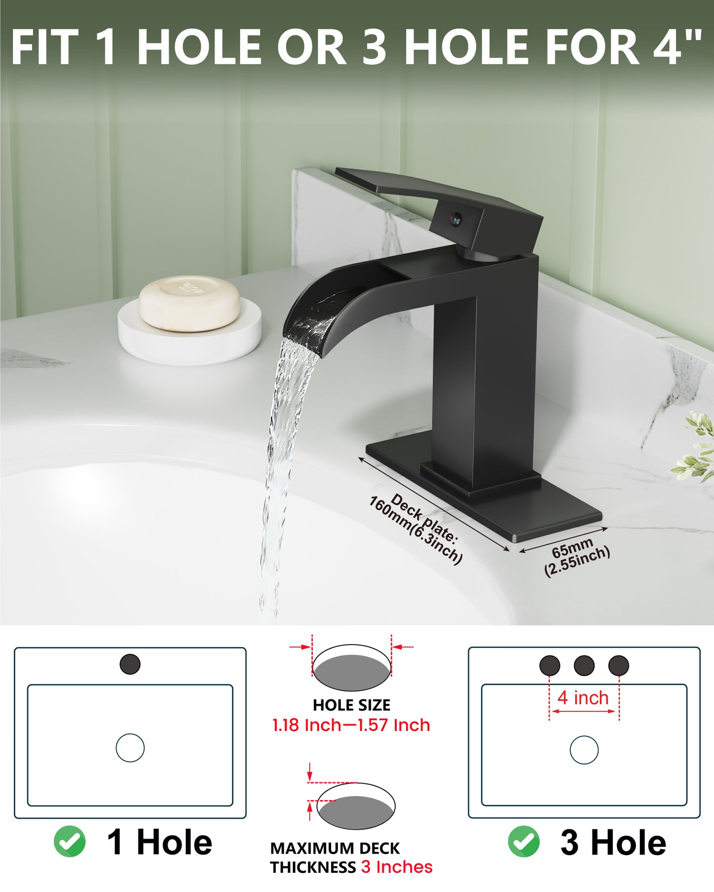 
                  
                    Midanya Waterfall Bathroom Faucet, Single Handle Bathroom Sink Faucet for Sink 1 or 4 Inch 3 Hole, Stainless Steel Vanity Faucets with Deck Plate and Pop up Drain
                  
                