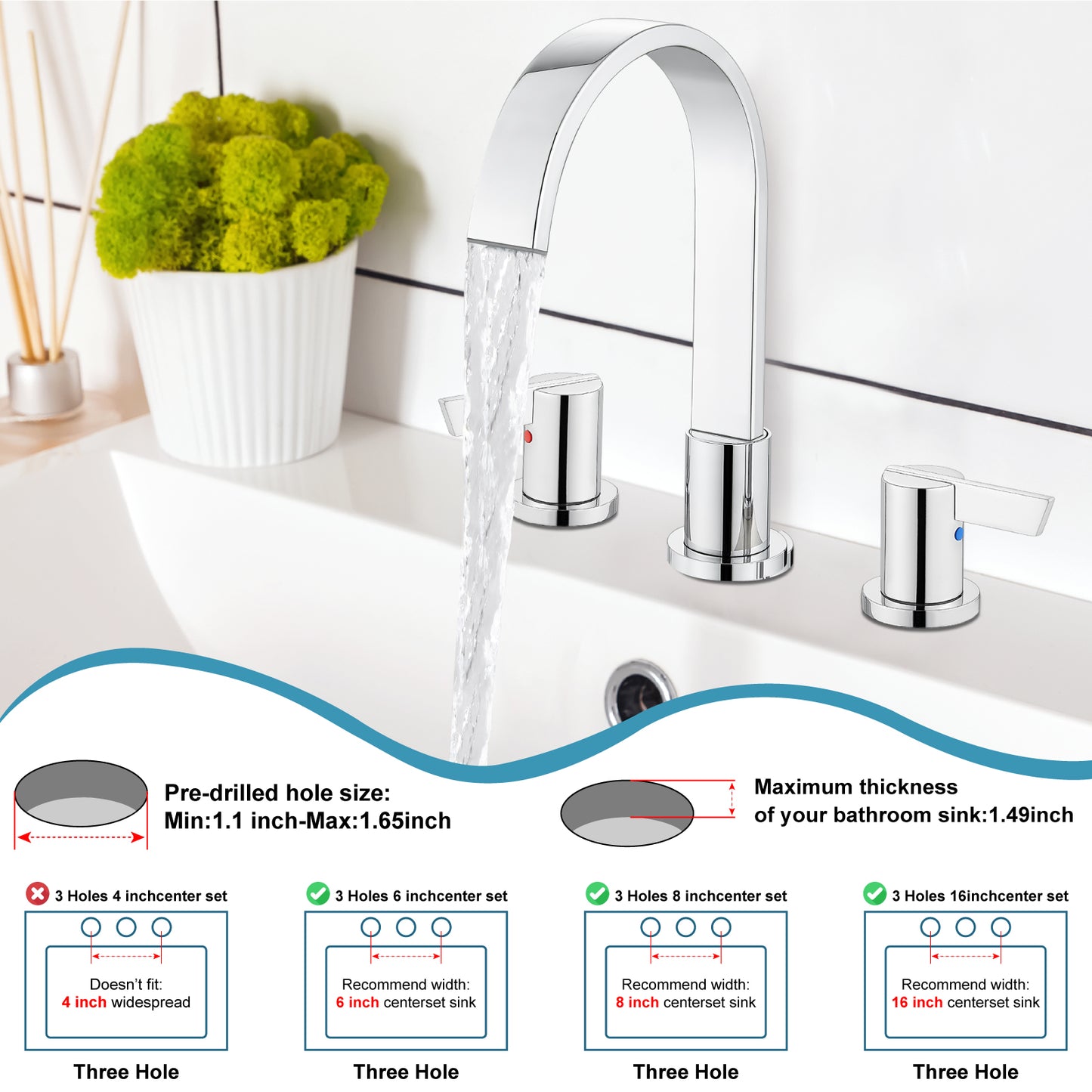
                  
                    Midanya 8 inch Widespread Bathroom Sink Faucet,Modern Waterfall 3 Hole 2 Handles Bathroom Faucet 8" Vanity Faucets with Pop Up Drain and Water Supply Lines
                  
                