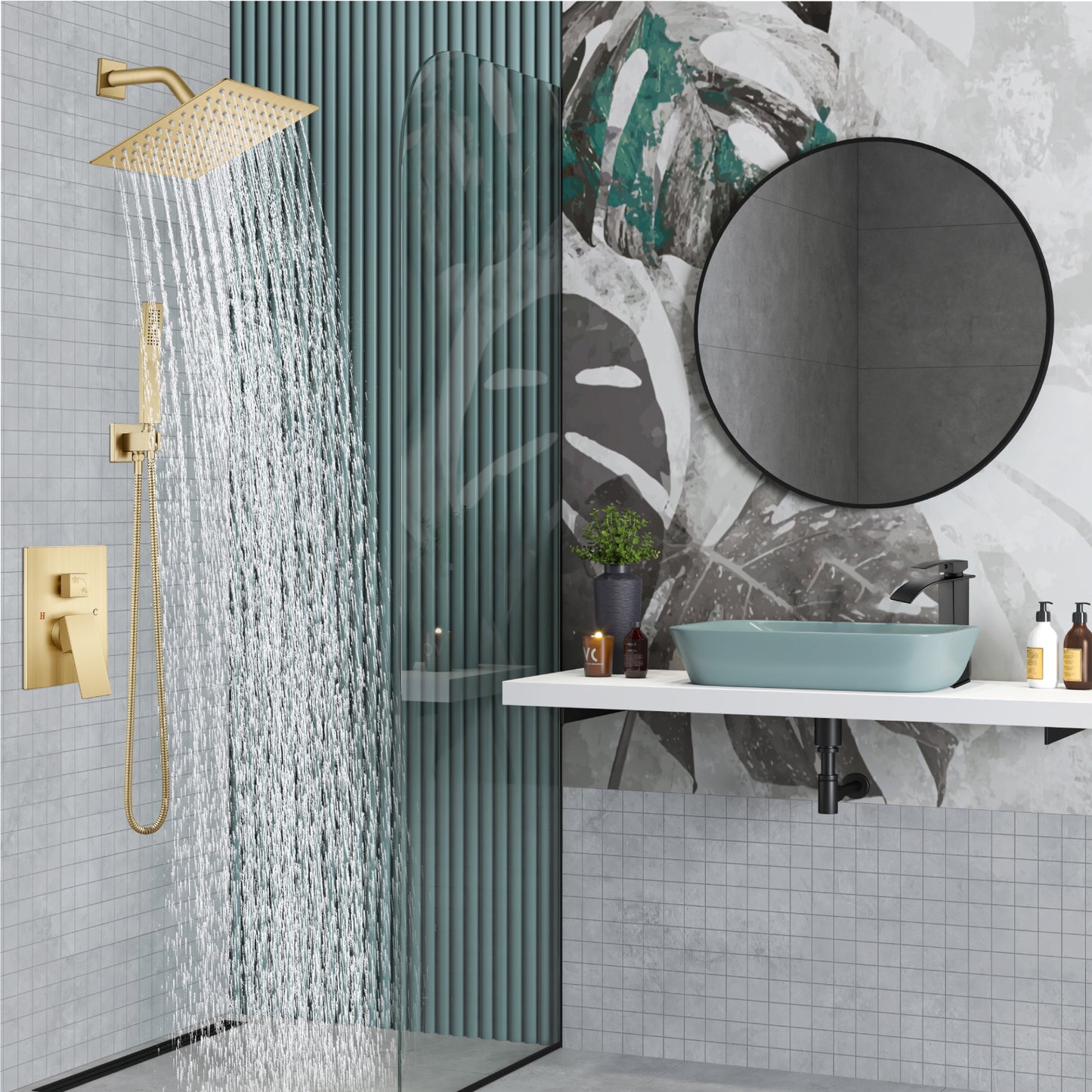 
                  
                    Midanya Rain Shower System Wall Mount Shower Faucet Set 8 Inch Square High Pressure Showerhead with Hand Sprayer Rough-In Valve Body and Trim Included Mixer Shower Combo Set Bathroom
                  
                