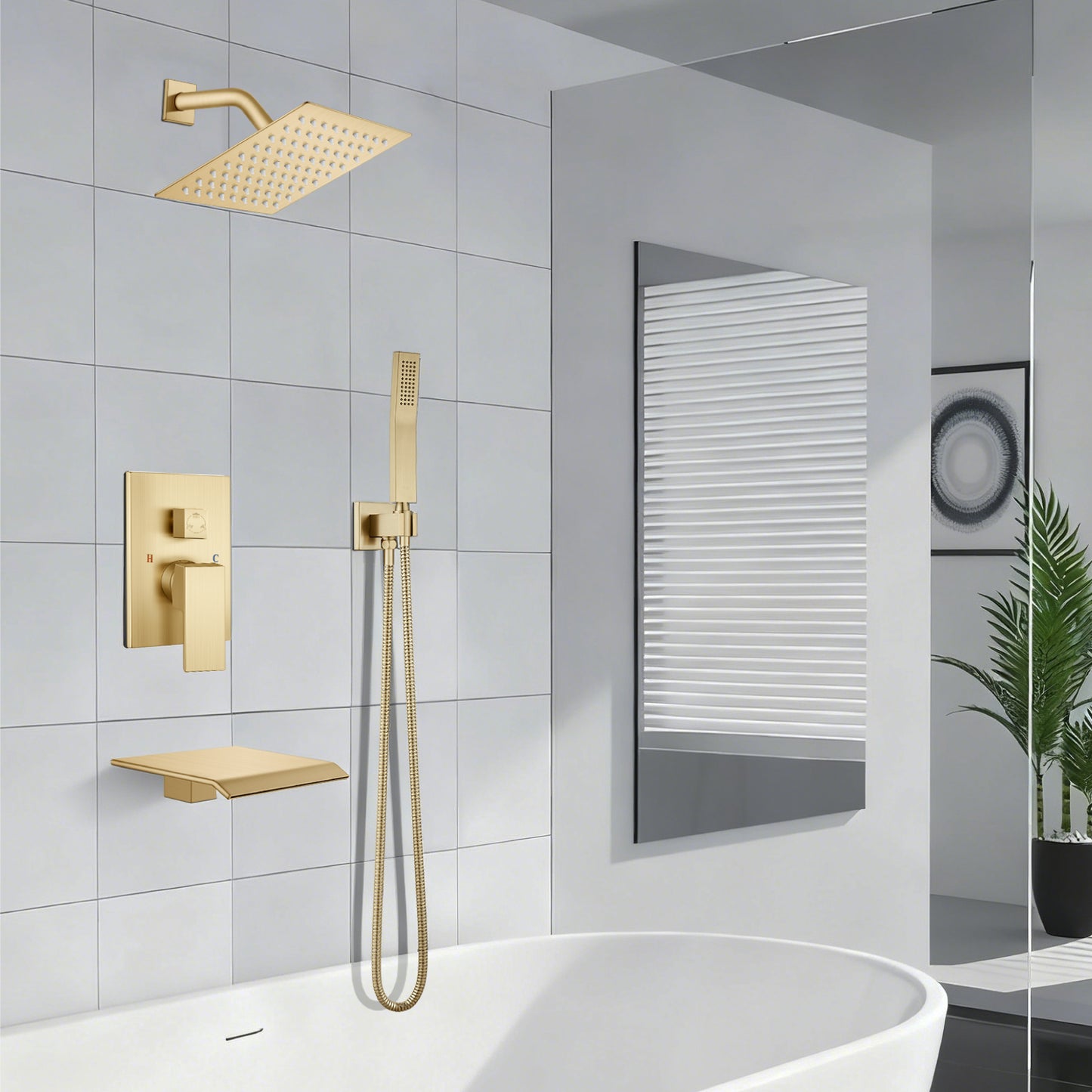 
                  
                    Midanya Rain Shower System Tub Shower Faucet Set 8 Inch Square Rainfall Shower Head with Handheld Sprayer and Waterfall Tub Spout Rough-in Valve Shower Mixer Combo
                  
                