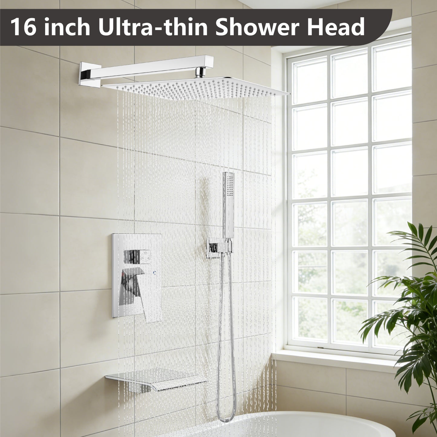 
                  
                    Midanya Rain Shower System Tub Shower Faucet Set 16 Inch Square Rainfall High Pressure Shower Head with Handheld Sprayer and Waterfall Tub Spout Rough-in Valve Shower Mixer Combo
                  
                