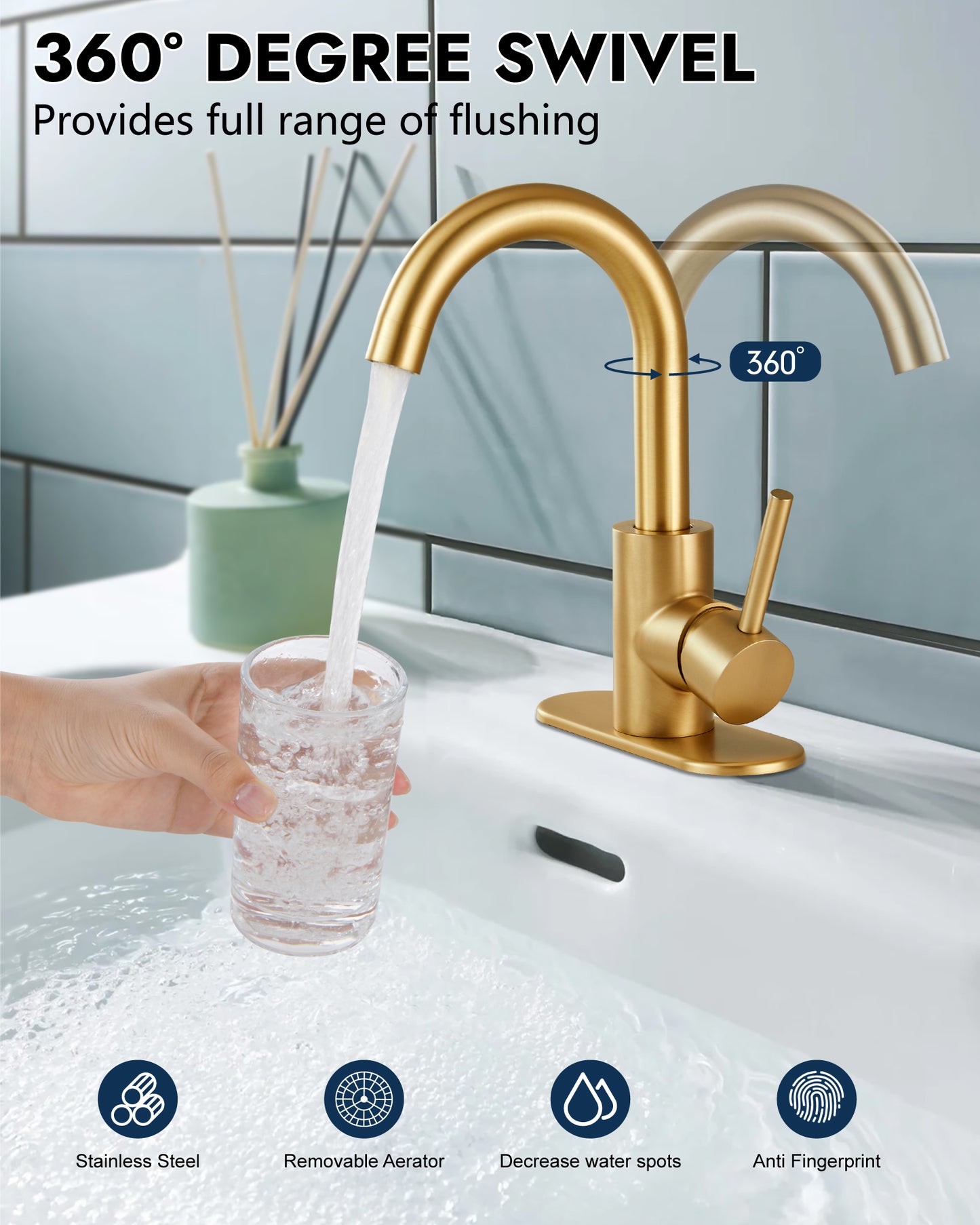 
                  
                    Midanya Single Handle Bathroom Sink Faucet, Wet Bar Pre-Kitchen Farmhouse RV Small Vanity Faucet with 360°Rotation Spout with Deck Plate, Supply Hoses and Drain Stopper
                  
                