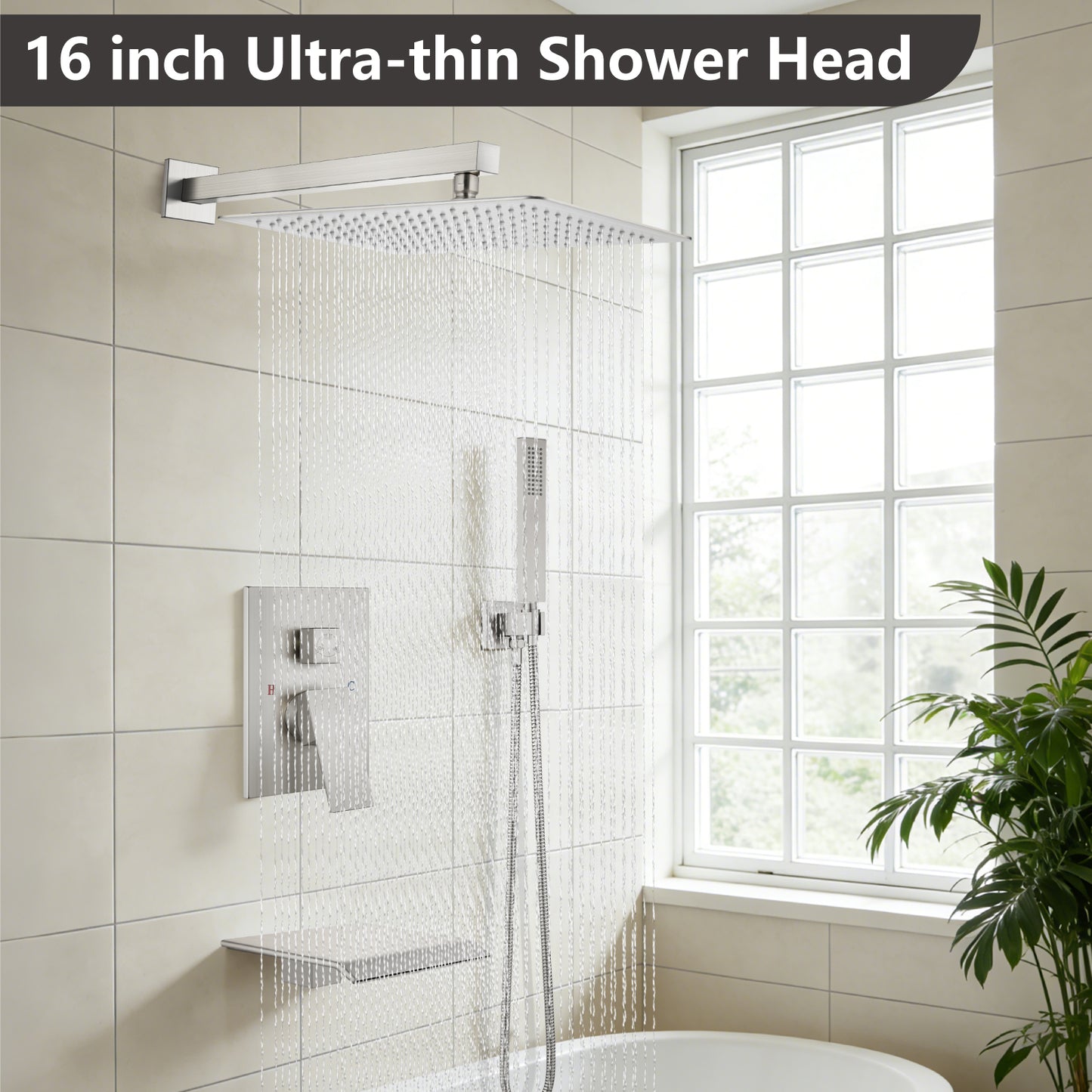 
                  
                    Midanya Rain Shower System Tub Shower Faucet Set 16 Inch Square Rainfall High Pressure Shower Head with Handheld Sprayer and Waterfall Tub Spout Rough-in Valve Shower Mixer Combo
                  
                