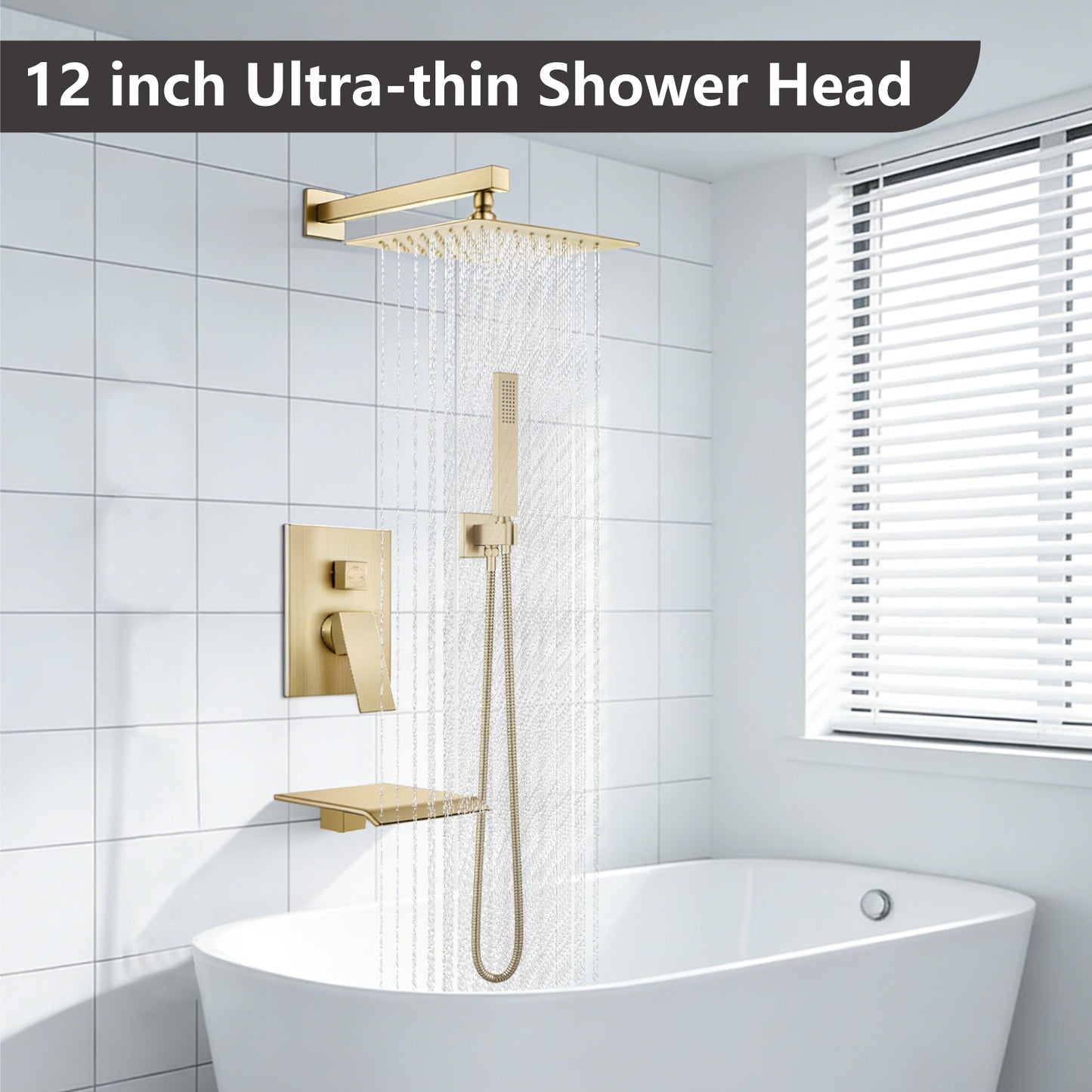 
                  
                    Midanya Rain Shower System Tub Shower Faucet Set 12 Inch Square Rainfall Shower Head with Handheld Sprayer and Waterfall Tub Spout Rough-in Valve Shower Mixer Combo
                  
                