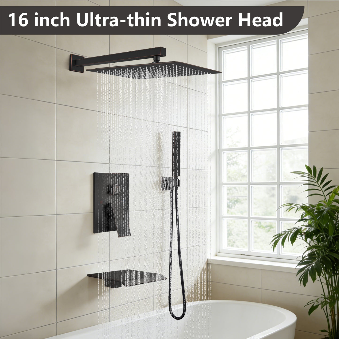 
                  
                    Midanya Rain Shower System Tub Shower Faucet Set 16 Inch Square Rainfall High Pressure Shower Head with Handheld Sprayer and Waterfall Tub Spout Rough-in Valve Shower Mixer Combo
                  
                