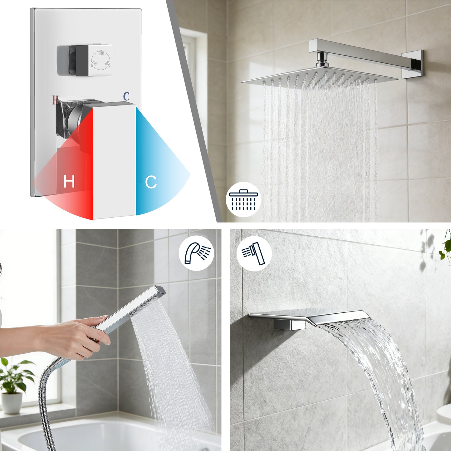 
                  
                    Midanya Rain Shower System Tub Shower Faucet Set 16 Inch Square Rainfall High Pressure Shower Head with Handheld Sprayer and Waterfall Tub Spout Rough-in Valve Shower Mixer Combo
                  
                