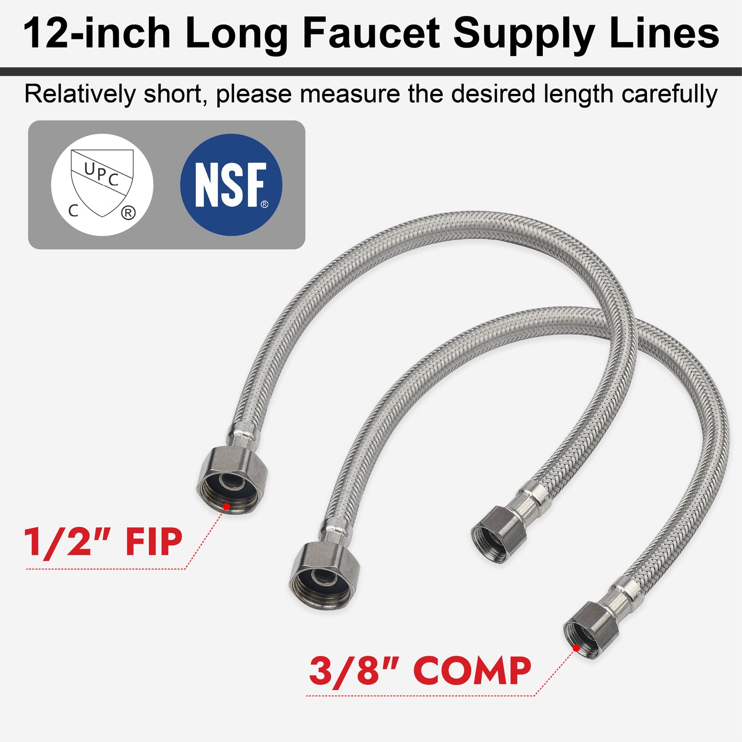 
                  
                    Midanya Faucet Supply Lines,Stainless Steel Braided Water Supply Line, 1/2" FIP x 3/8" COMP Faucet Hose, Faucet Hose Connector x 2 Pcs (1 Pair)
                  
                