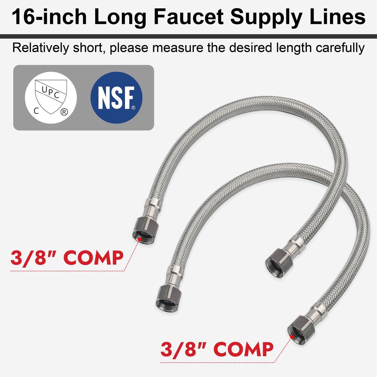 
                  
                    Midanya Faucet Supply Lines,Stainless Steel Braided Water Supply Line, 3/8" COMP x 3/8" COMP Faucet Hose, Faucet Hose Connector x 2 Pcs (1 Pair)
                  
                