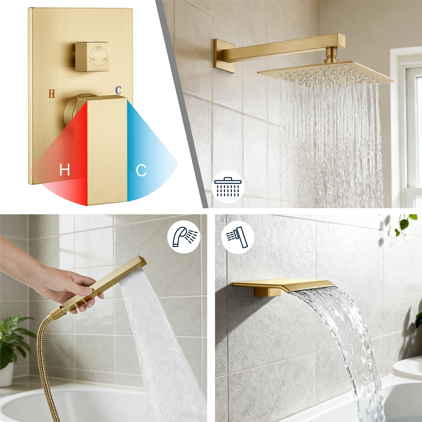 
                  
                    Midanya Rain Shower System Tub Shower Faucet Set 10 Inch Square Rainfall High Pressure Shower Head with Handheld Sprayer and Waterfall Tub Spout Rough-in Valve Shower Mixer Combo
                  
                